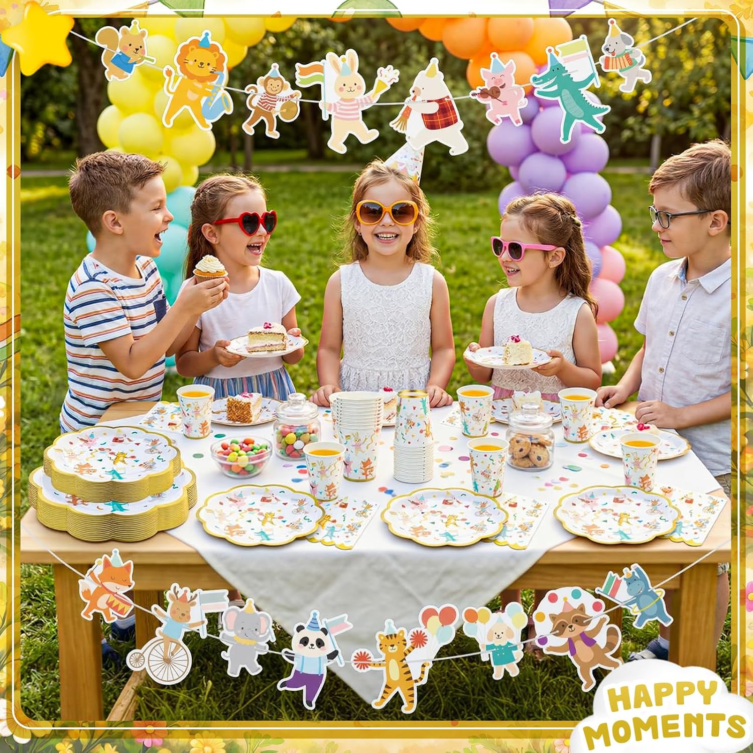 Yungyan 82 Pcs Safari Animal Parade Party Supplies Plates Set Including 9 Inch and 7 Inch Paper Scalloped Plates Cute Disposable Napkins 9oz Paper Cup Animal Parade Banner Set for Birthday Decor Party