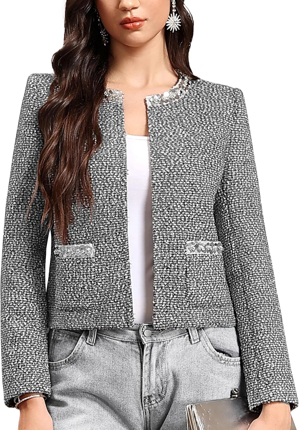 M.Infisavo Womens Sequin Crew Neck Tweed Jackets Blazer Party Business Casual Hooking Closure Outfit