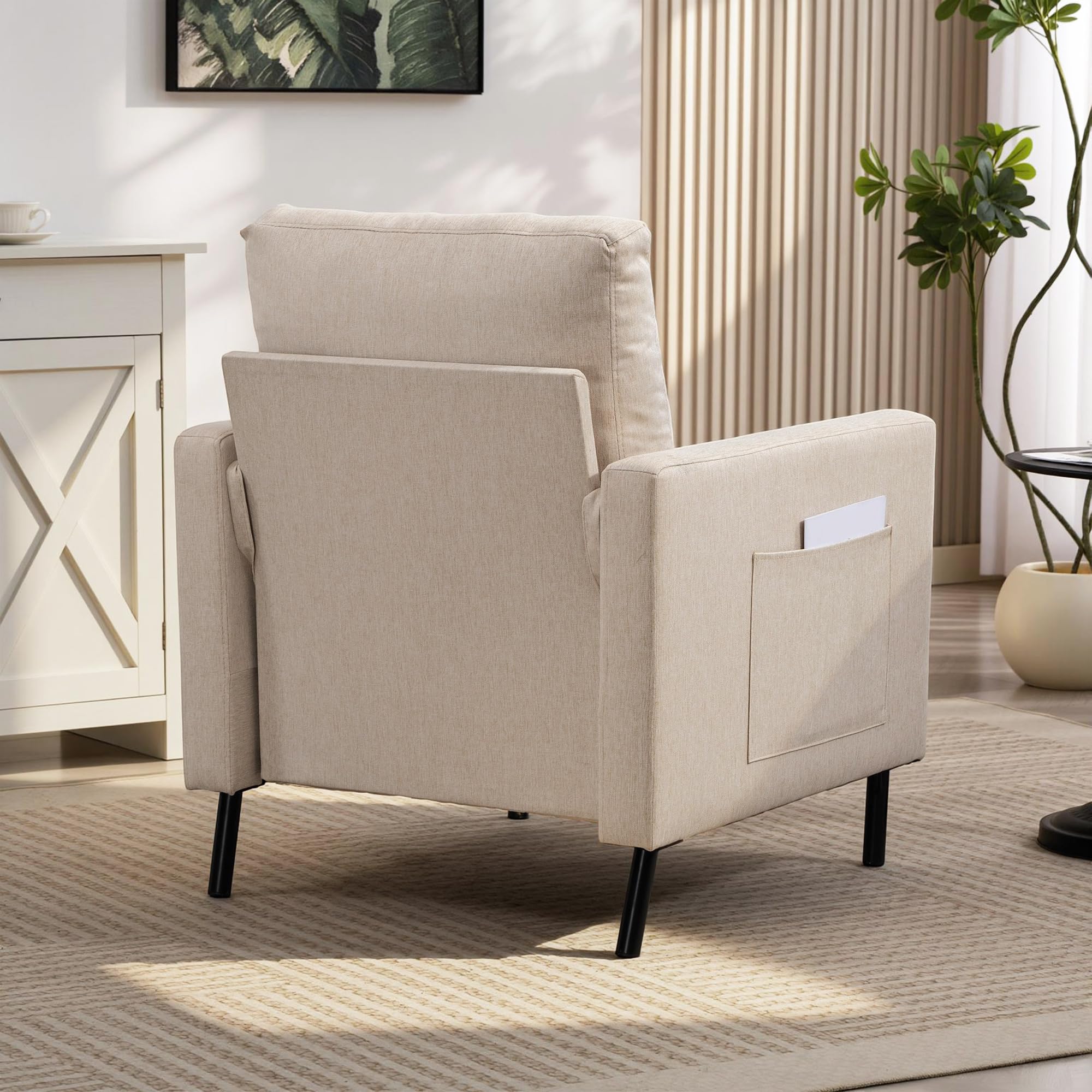 HOMCOM Fauteuil de Salon, canapé 1 Place rembourré avec accoudoirs, Assise Large et Pieds en Acier, Tissu Effet Lin, Style Moderne, pour Chambre à Coucher, Salon, Bureau, Beige