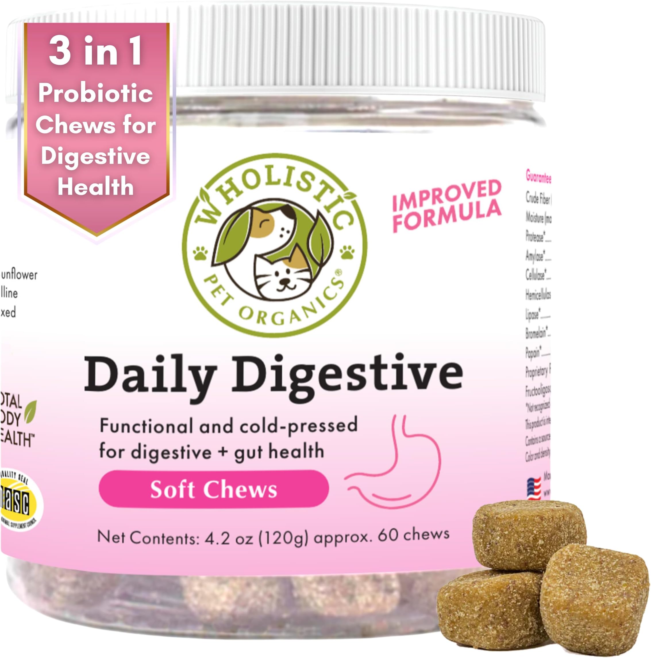 Probiotic Chews for Dogs Digestive Health - 60 Count - Dog Probiotics and Digestive Enzymes - Support Gut Health Immune Supplement Prevents Dog Digestive Problems