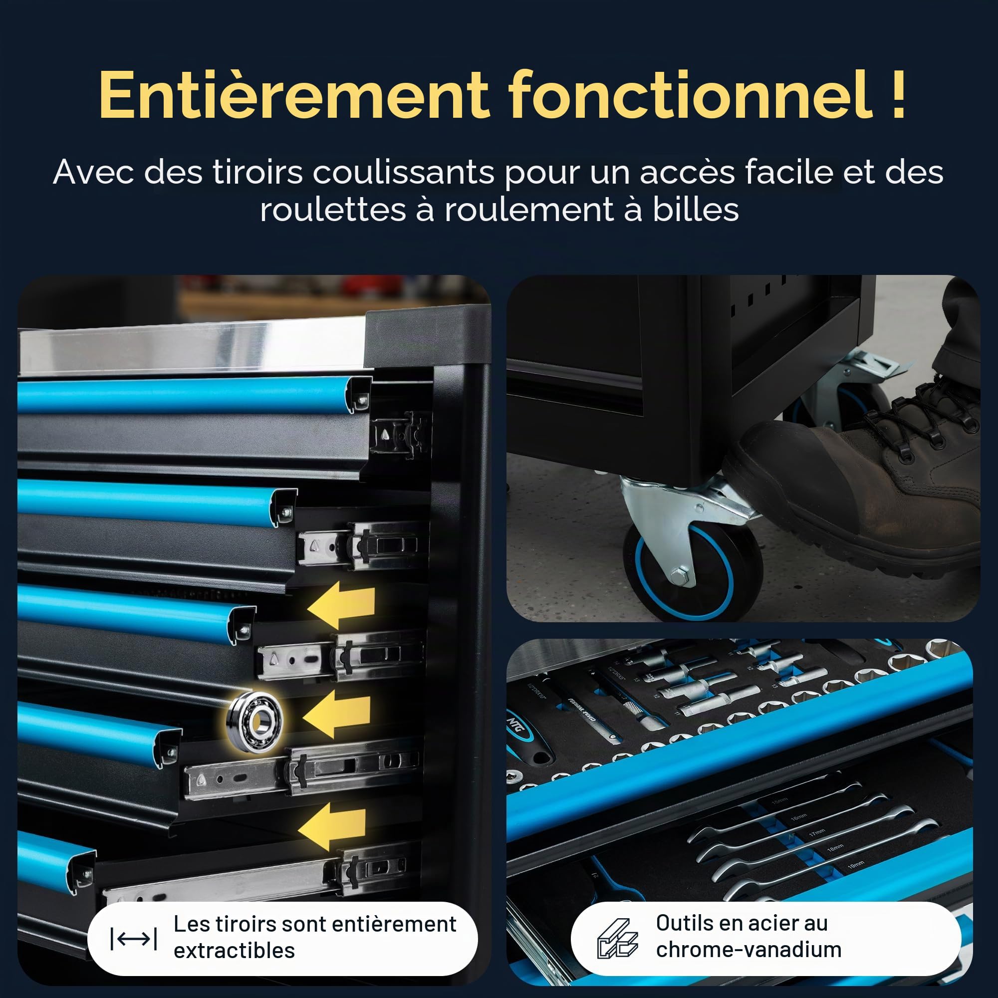 NTG Chariot à outils 7 tiroirs avec 290 pièces d’outil – Servante d’atelier avec verrouillage central, verrouillable, mobile sur roulettes – Coffre à outils professionnel sur roues pour atelier et