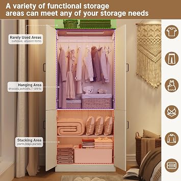 Hlivelood 75 Tall Farmhouse 2 Doors Armoire Wardrobe Closet with LED,Freestanding Closet Wardrobe Cabinet for Bedroom with Hanging Rod,Wooden Armoire Storage Cabinet Adjustable(Rustic Off White)