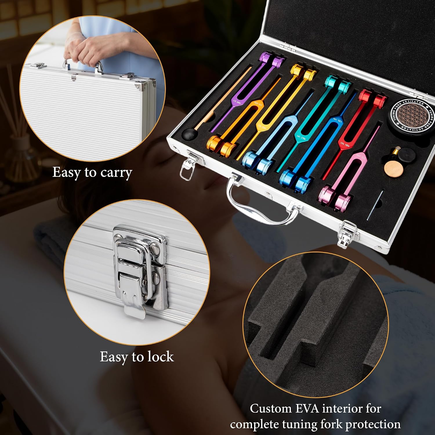 Chakra Tuning Fork Set for Healing Multicolour 7 Chakra and 1 Soul Purpose Weighted Solfeggio Tuning Forks with Exquisite Aluminum Box and Tuning Fork Activator for Chakra Healing Yoga Meditation thumbnail