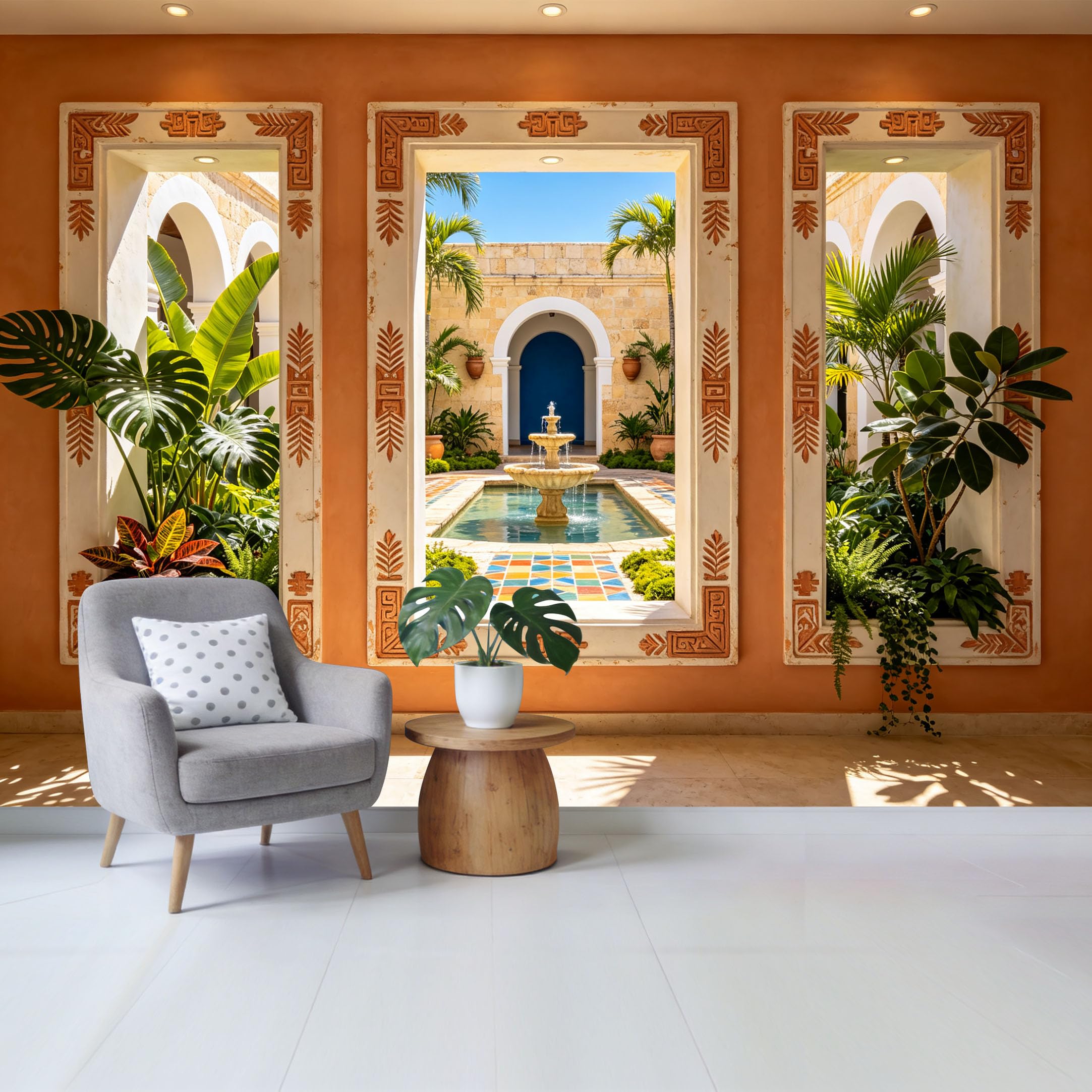 Custom Size Wall Mural Mediterranean Courtyard Fountain Tropical Plants View Removable Self Adhesive Fabric Home Wall Decor for Living Room Bedroom Bathroom