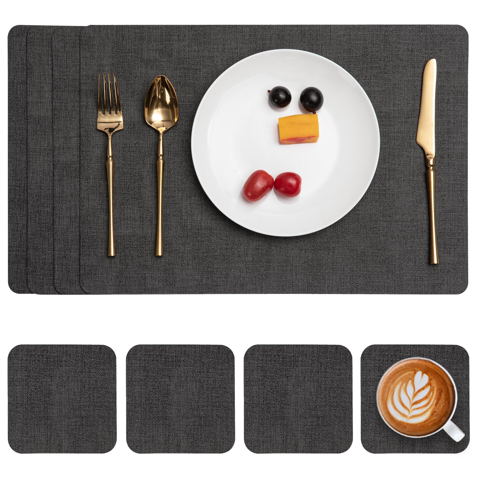 Myir JUN Placemats and Coasters Set of 4, Place Mats Dual Sided Faux Leather Table Mats PU Indoor Outdoor Heat Resistant Placemat Square Non Slip Wipeable Washable Dining Restaurant