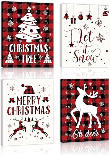 Miniatura 7 de KAIRNE Decoración navideña con letrero de alegría (12 x 16 pulgadas), diseño rústico de búfalo a cuadros, lienzo con corona de Navidad, impresión