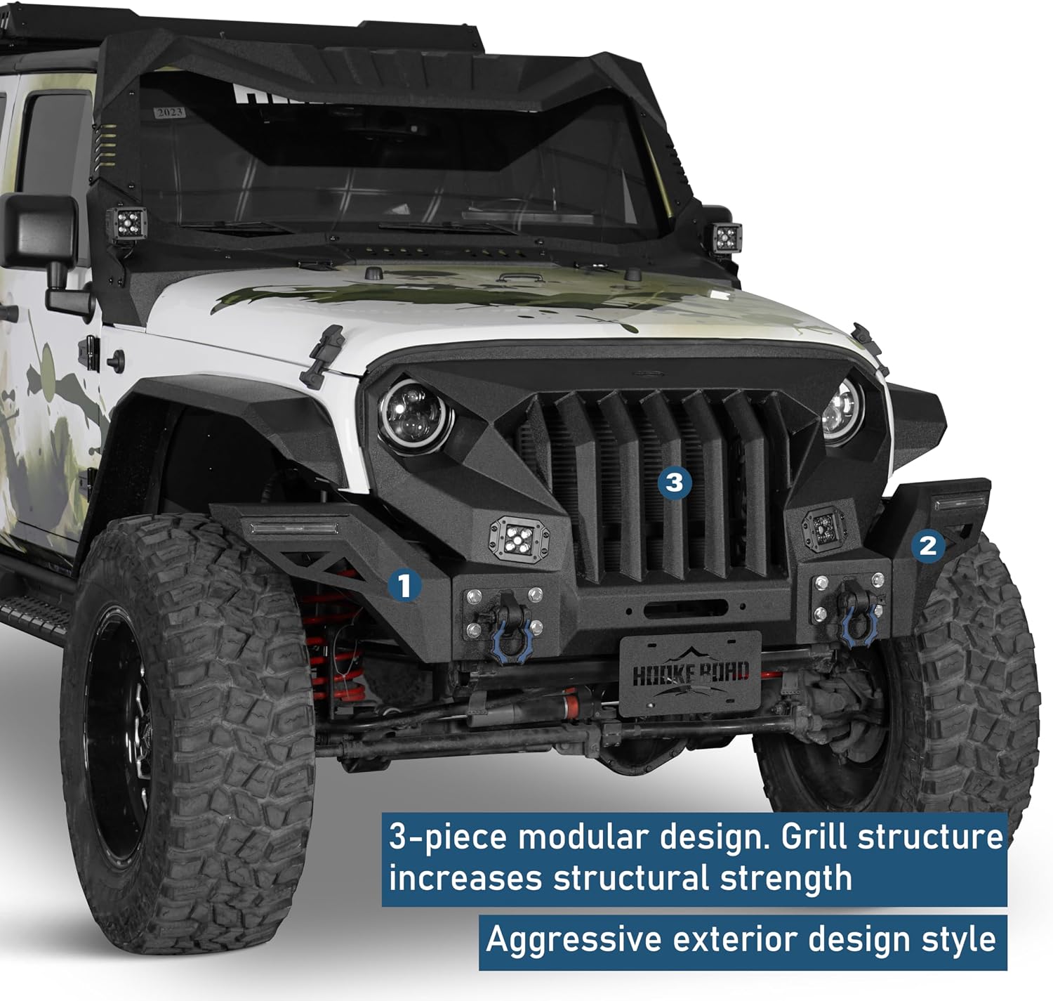Hooke Road Mad Front Bumper Grill Guard for 2007-2018 Jeep Wrangler JK & Unlimited 2/4 Doors, Including Winch Plate, LED Lights & D-rings (with Wings)