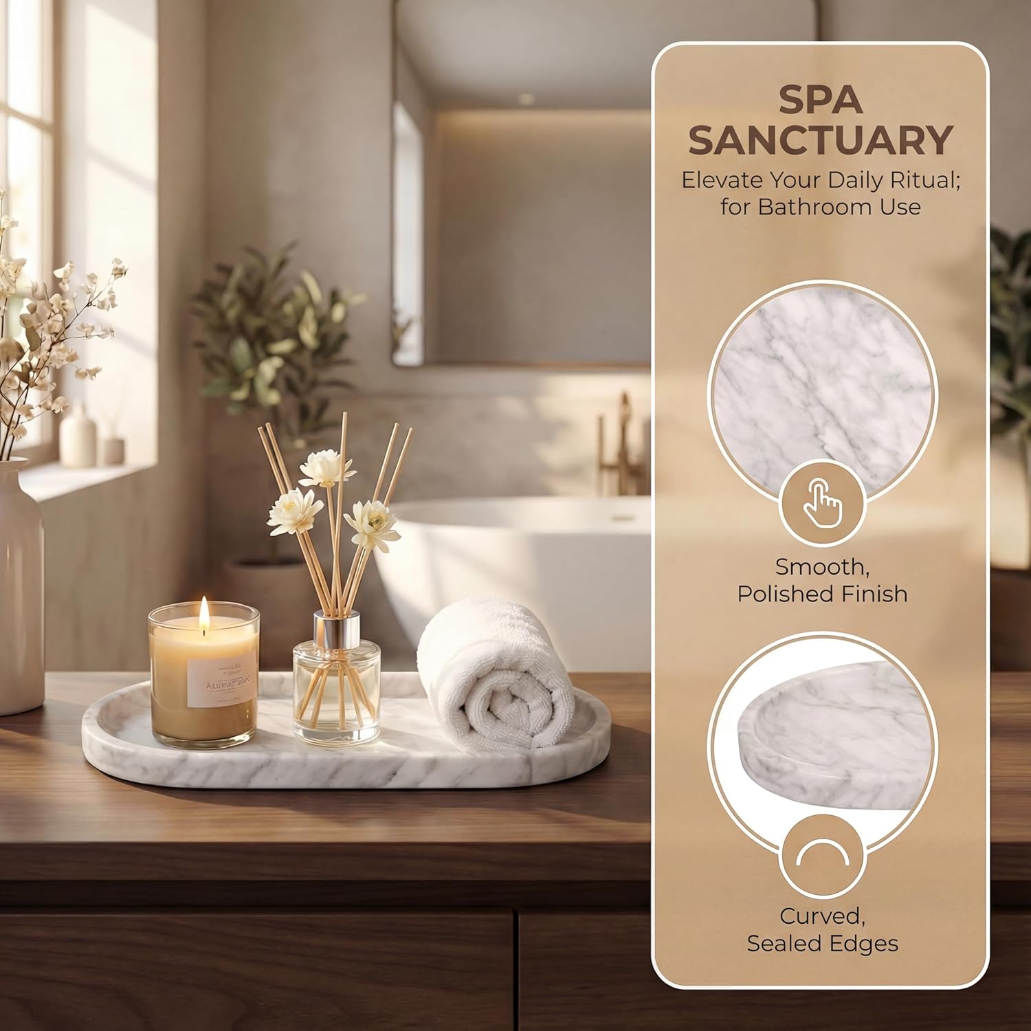 YKAJO 11.6" x 5.9" Oval Real Marble Tray for Bathroom & Kitchen Counter — 100% Natural Stone Decorative Vanity Tray for Dresser & Perfume — Heavy Catchall Organizer for Soap & Jewelry, White Gray