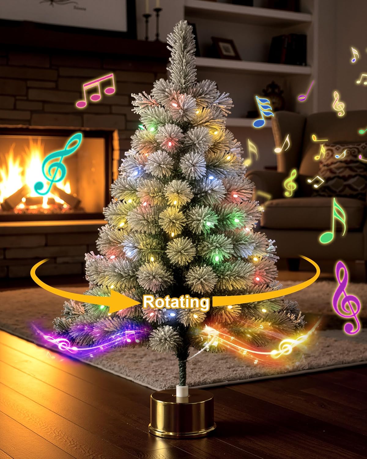 2ft Rotating Snow Flocked Tabletop Christmas Tree with Light and Music, 360° Spinning Mini Pre-lit Xmas Tree with Base Christmas Decor for Small Space Home Office Desk Holiday Gift Green,white Snow Flocked Pine