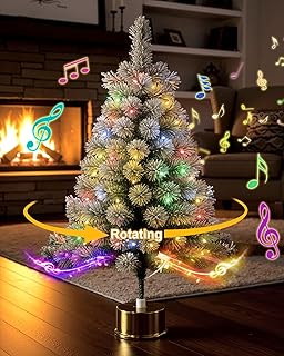 2ft Rotating Snow Flocked Tabletop Christmas Tree with Light and Music, 360° Spinning Mini Pre-lit Xmas Tree with Base Christmas Decor for Small Space Home Office Desk Holiday Gift