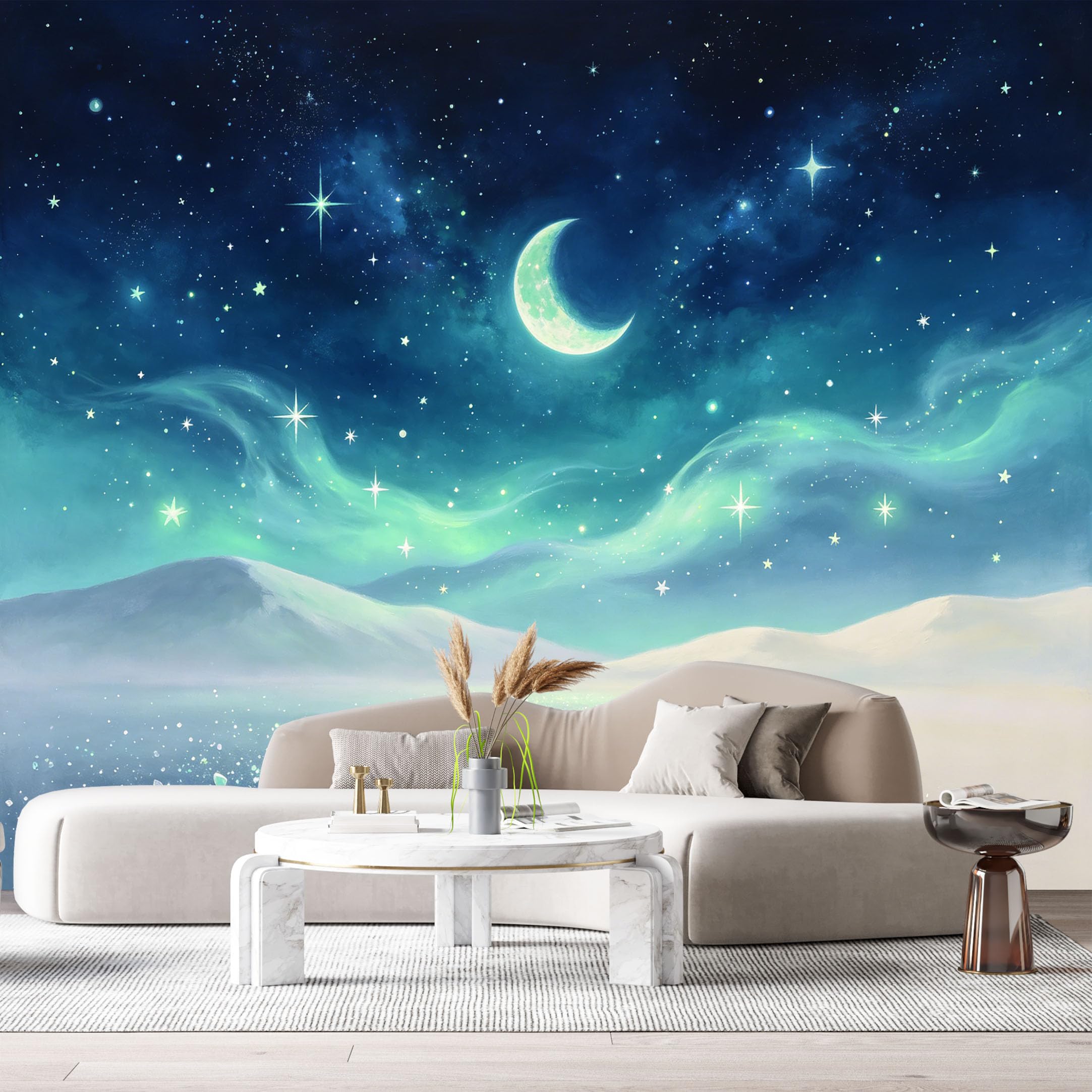 Custom Size Wall Murals Night Sky Landscape Watercolor Crescent Moon Stars Aurora SelfAdhesiveWall Fabric Removable Wallpaper Wall Decor for Living Room Bedroom Bathroom