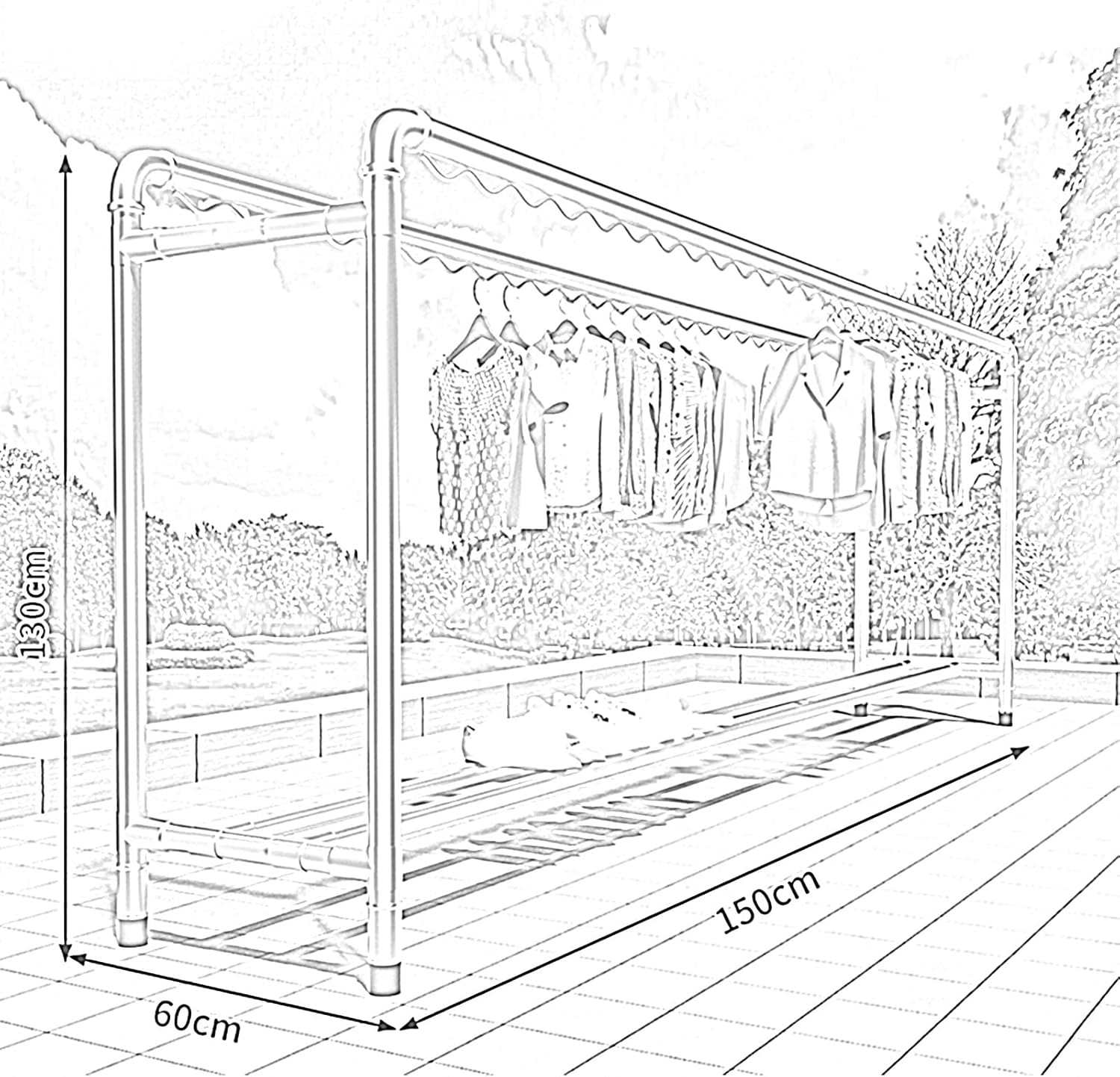 Heavy Duty Adjustable Clothes Drying Rack with Hooks & Storage Shelf, Indoor/Outdoor Garment Rack for Laundry, Shoes & Sheets - 160x60x160CM