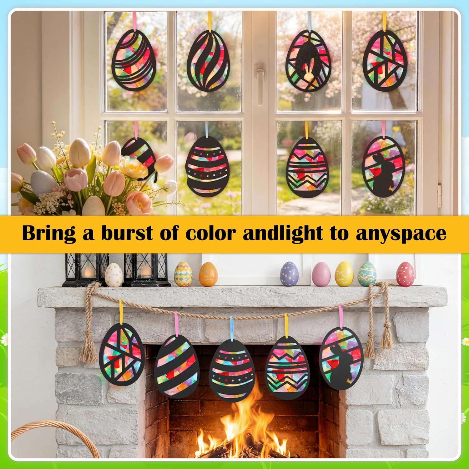 Fumete 36 Pcs Easter Egg Wooden Craft Kit, Arts and Crafts Set with Pre Cut Cardstock and Tissue Paper, DIY Stained Glass Style Suncatchers for Spring Window Art and Holiday Decor