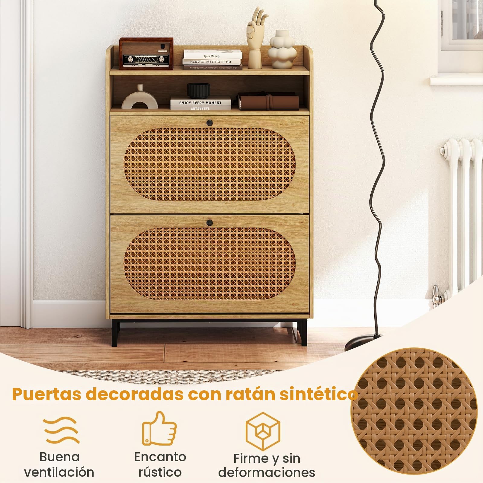 GIANTEX Zapatero de 4 Niveles con 2 Cajones Abatibles y 2 Estantes Abiertos, Cada Solpa con 2 Estantes, Puertas de Ratán, 80 x 24 x 115 cm, Armario de Zapatos para Entrada, Recibidor, Dormitorio