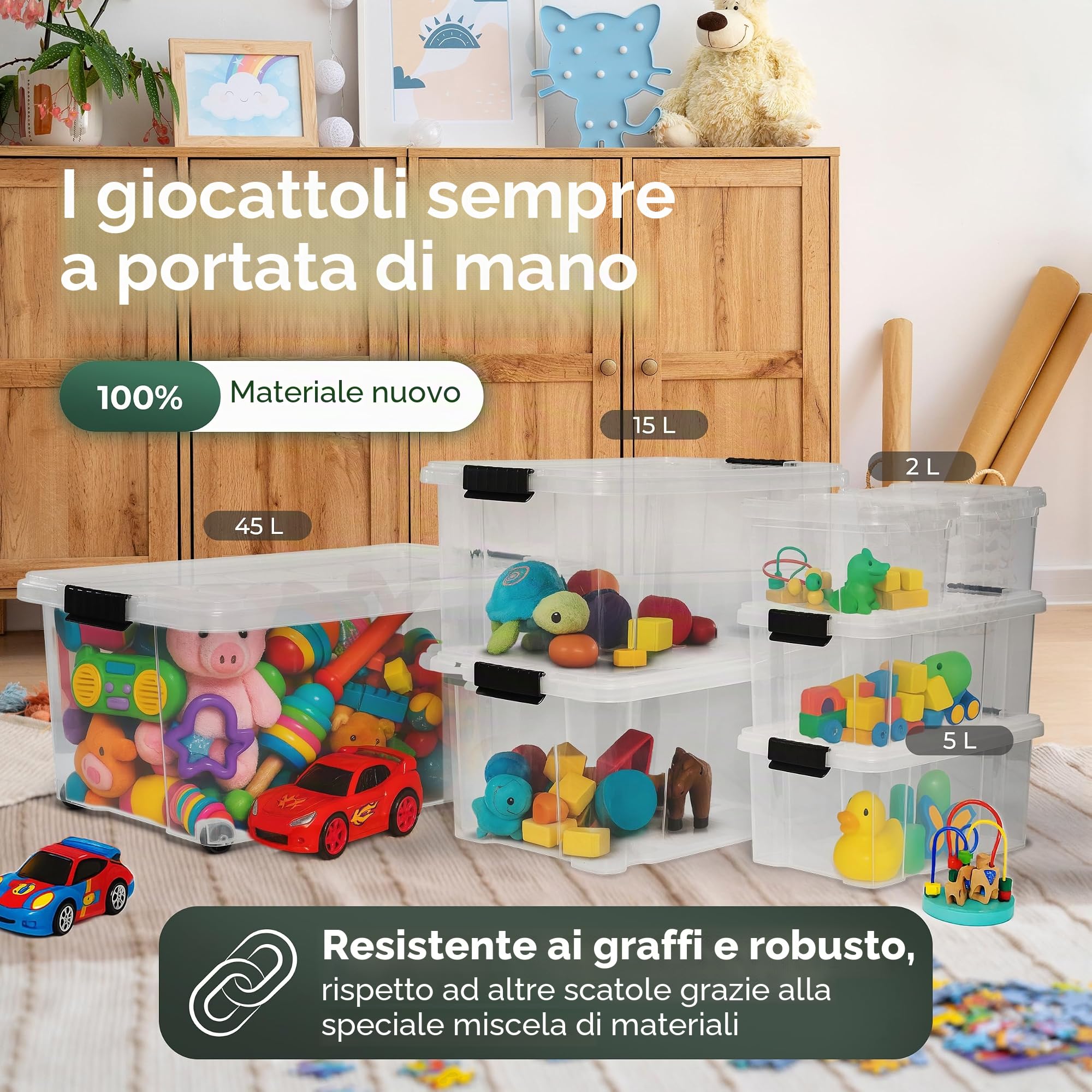 Novaliv Scatola portaoggetti XXL con coperchio, grande, 80 l, trasparente, impilabile, in plastica, con chiusura a clip, senza BPA, 61 x 40 x 45 cm