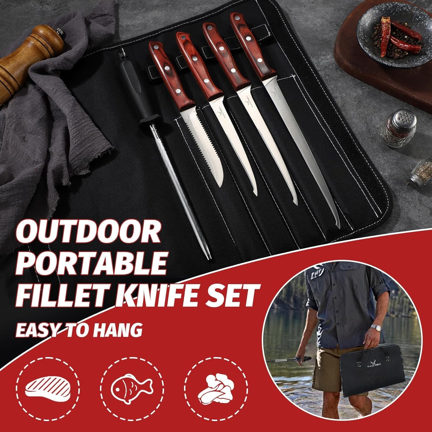 TAN REN Fillet Knife Set, 6 PCS Fish Fillet Knives, High Carbon Steel Filet Knives for Fish Scaling, Boning, Filleting, Fishing Knife Kit with Sharpening Rod and Bag, Fishing Gifts for Men
