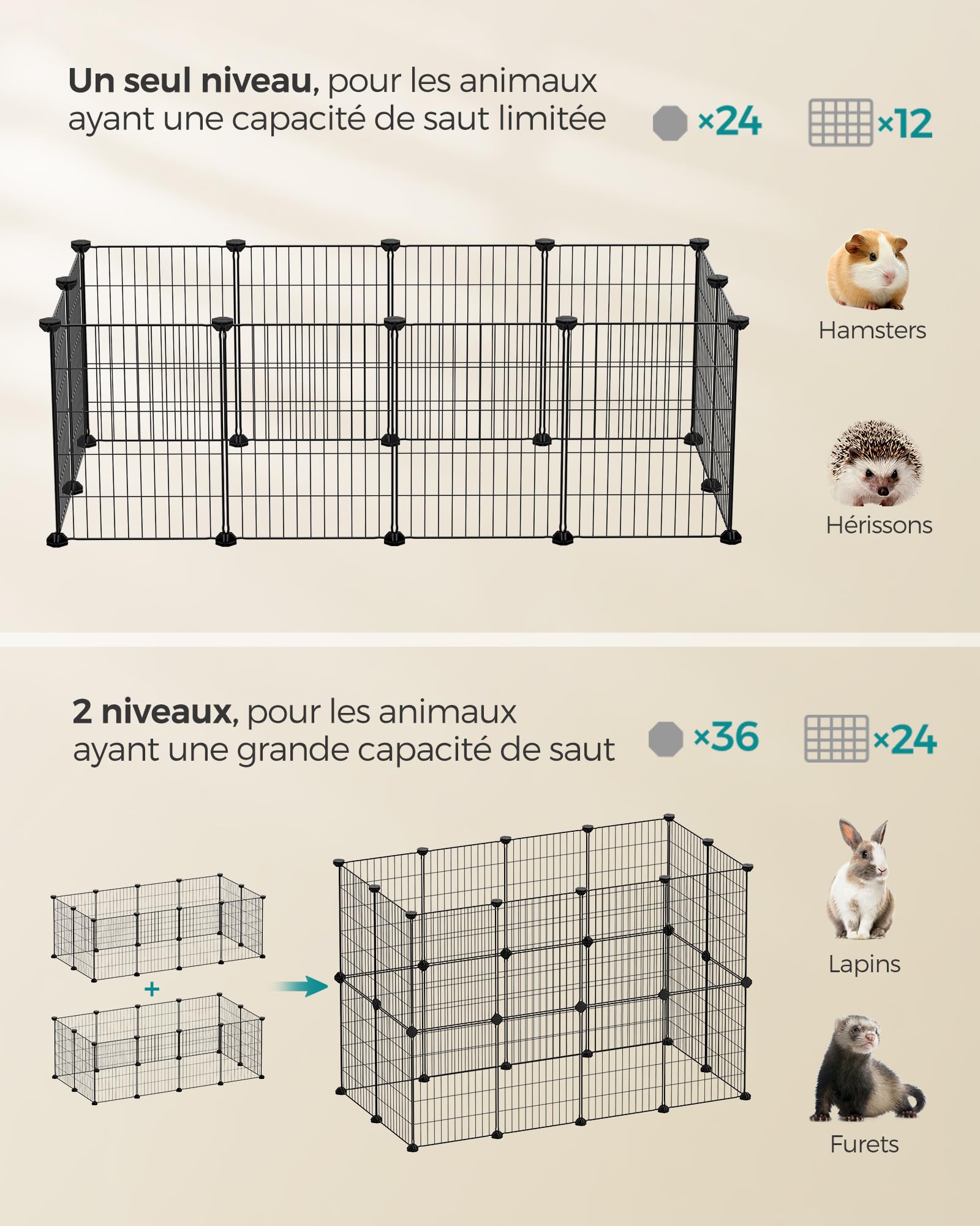 SONGMICS LPI001B01 Parc d’intérieur pour Cochon d’Inde, Cage à Lapin, Grande Enceinte d’Exercice, clôture modulable en métal à Monter soi-même pour Hamster, Animal de Compagnie, Petits Animaux - Noir