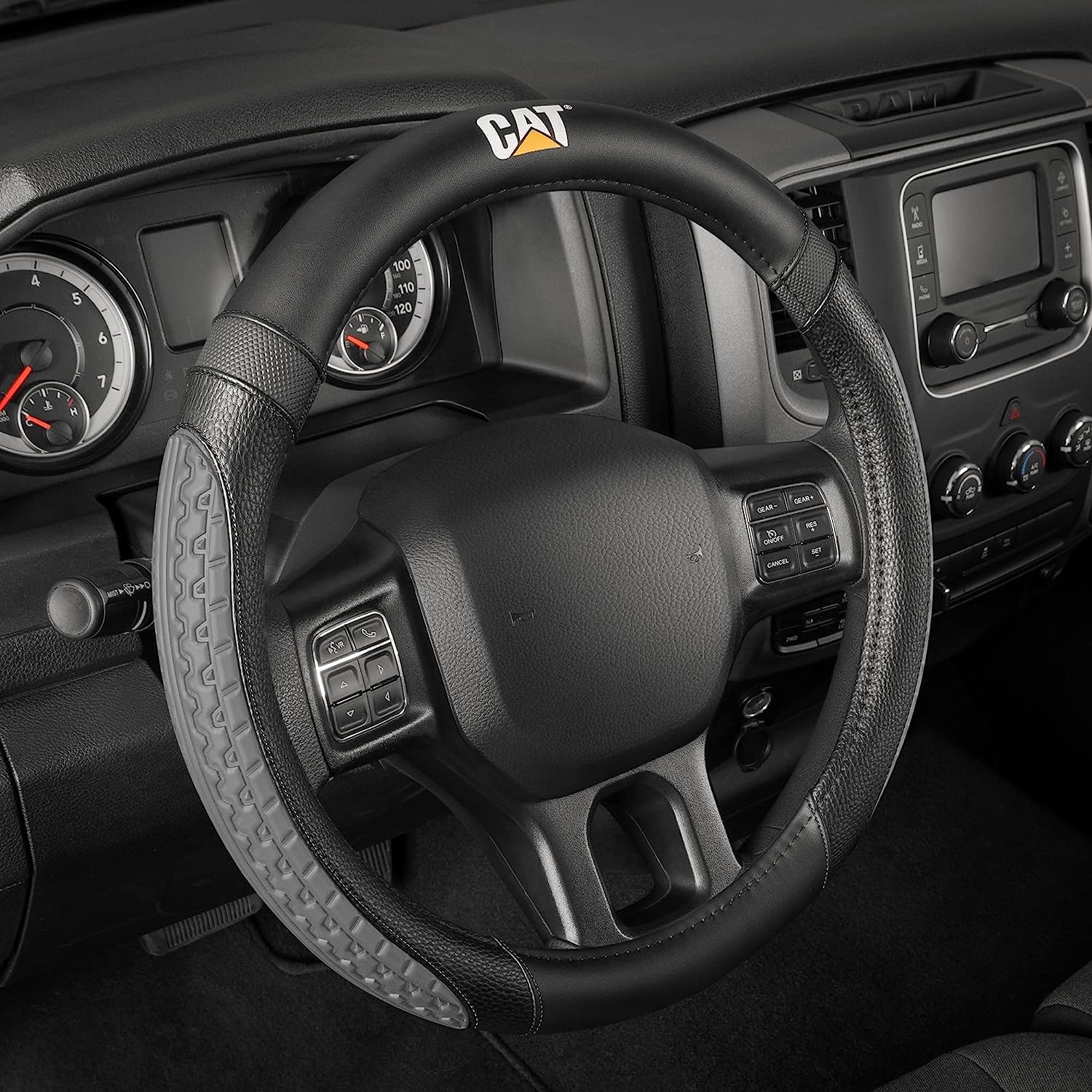 CAT® DuraGrip Car Steering Wheel Cover, Gray Tire Tread Traction Design, Auto Steering Wheel Cover for Cars Trucks Vans SUVs, Improve Grip and Control, Durable Comfortable - Large 16" Inches