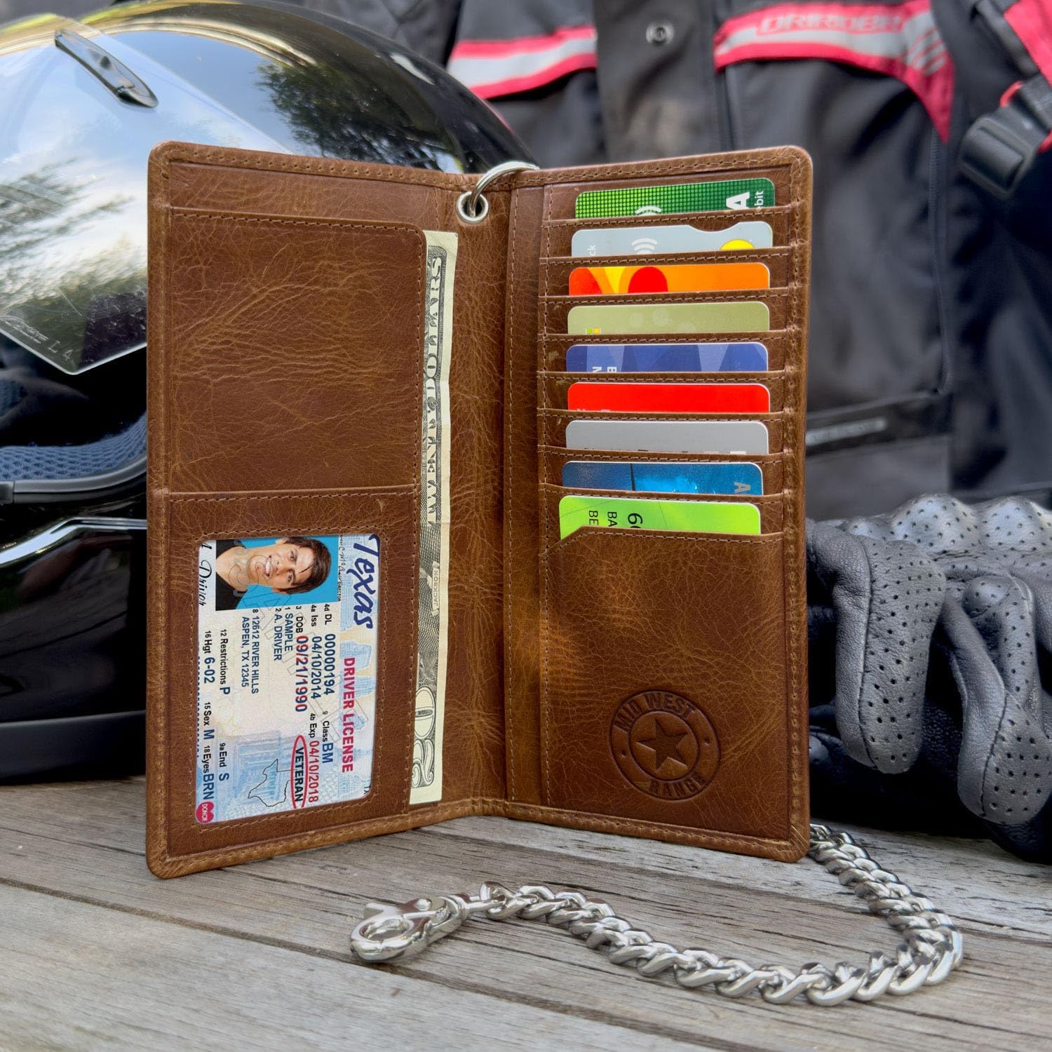 Tall Wallet with Chain for Men, Patriotic Biker – Distressed Brown Leather, RFID Blocking, 10 Card Slots with ID Holder, Embossed Motorcycle & American Flag Design, 100% Leather, Ideal Gift for Bikers - Image 4