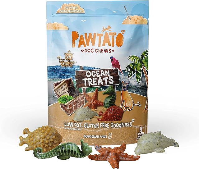 Pawtato Vegan Dog Chews Ocean Treats. Natural rawhide alternative vegan dog treats. Low fat, plant based, hypoallergenic, sweet potato, grain-free chews Small 140g