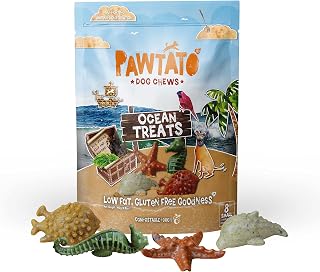 Pawtato Vegan Dog Chews Ocean Treats. Natural rawhide alternative vegan dog treats. Low fat, plant based, hypoallergenic, sweet potato, grain-free chews Small 140g