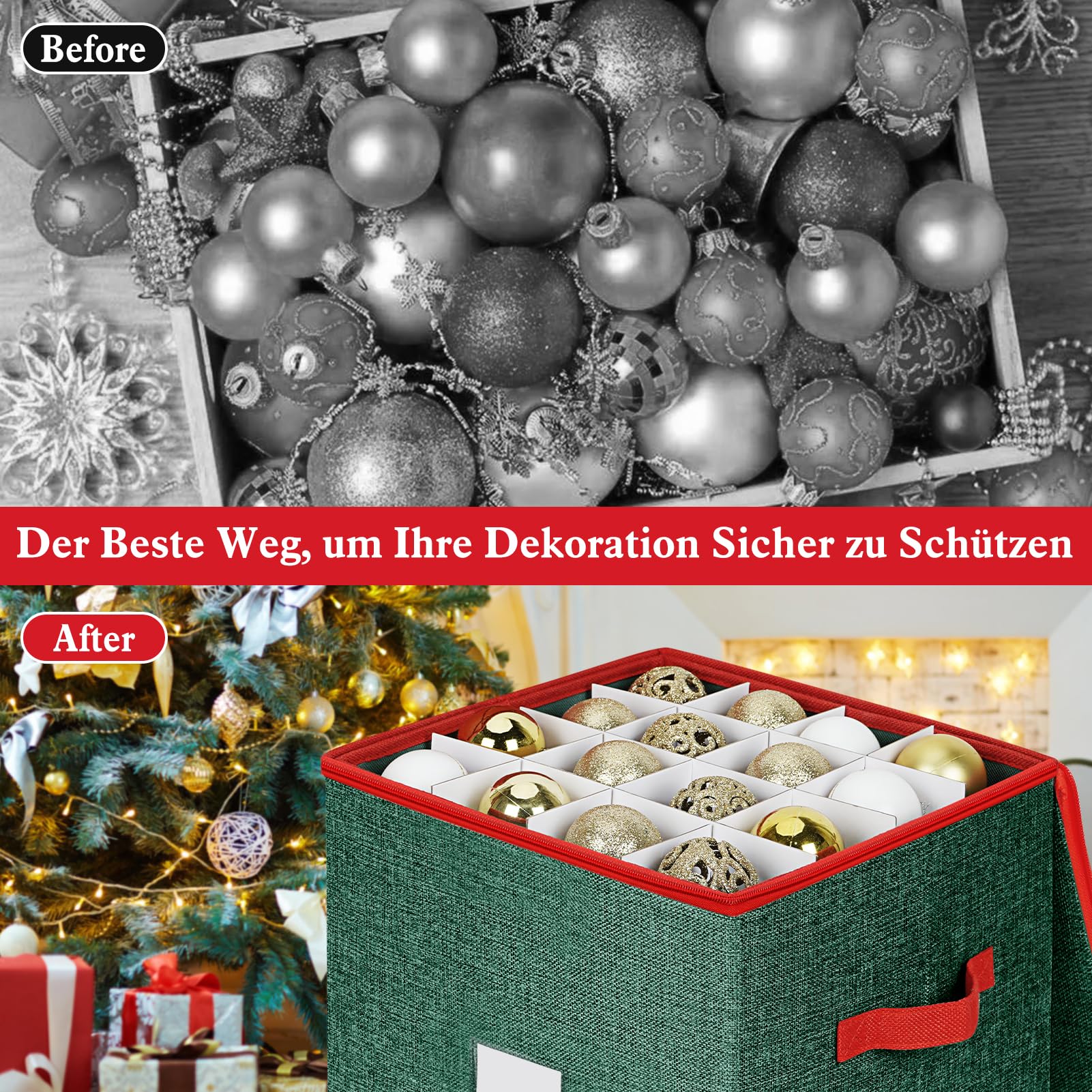 Weihnachtskugeln Aufbewahrung, Aufbewahrungsbox 64 Fächer | Aufbewahrungsboxen mit Deckel, Boxen Aufbewahrung mit 4 Ebenen, abnehmbare Griffe & Unterteiler (31,5x31,5x34 cm) - Grün Rot