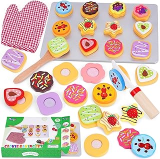 Slice and Bake Wooden Cookie Play Food Set for Kids Kitchen - Toy Food Accessories - Kids Pretend Cookies and Baking Sheet, Toy Baking Set for 3+ Year Old Boys Girls Birthday Gifts