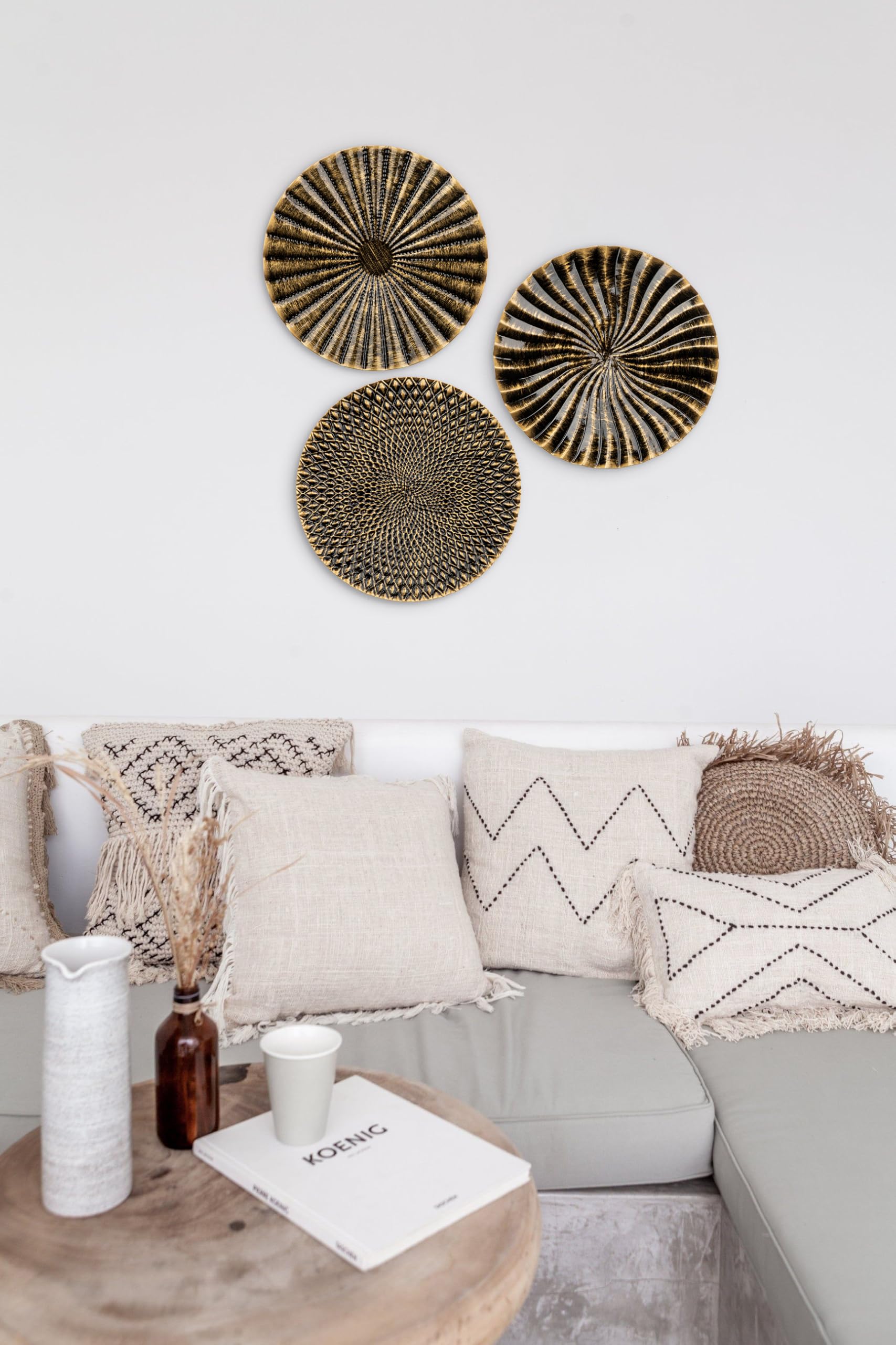 3-częściowy zestaw złotych rzeźb ściennych w stylu boho, okrągła dekoracja ścienna, metalowa, dekoracja 3D, obrazy metalowe, nowoczesne dzieło sztuki, do domu, salonu, jadalni, sypialni, kuchni