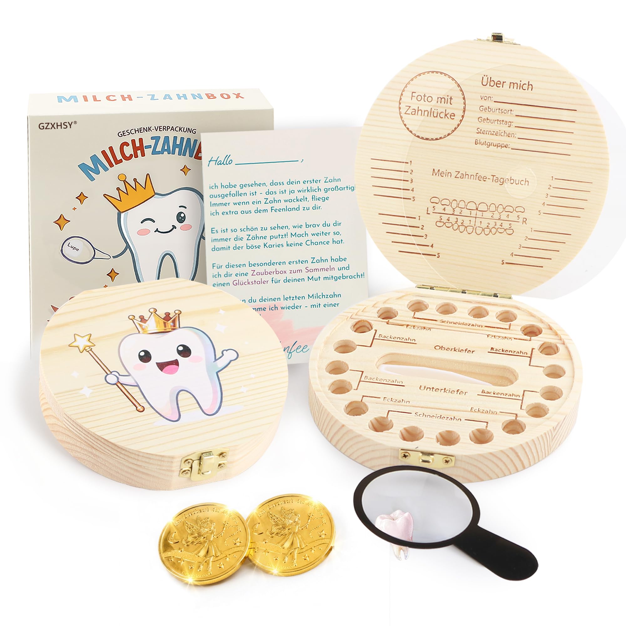 Gzxhsy Milchzahndose mit bunten Motiven für Jungen und Mädchen | Zahnfee Geschenk set mit 2 Münzen, Lupe & Brief | zahnbox für Milchzähne