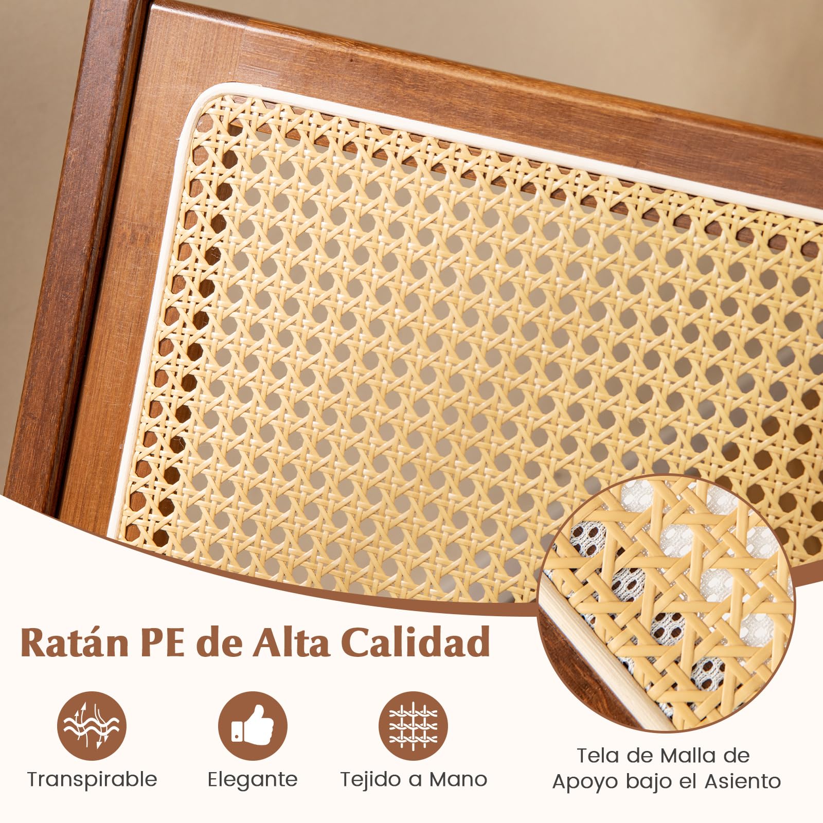 COSTWAY Silla de Ratán, Sillón de Salón de Madera, Butaca de Salón con Respaldo y Asiento Amplio de Ratán, Silla de Ocio de Lectura para Sala de Estar y Dormitorio, Nogal