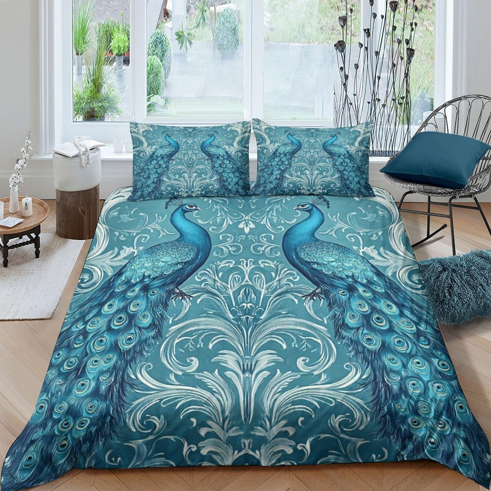 P5V6M1Q9 3D Printed Peacock Feather Duvet Cover Microfiber Soft Blue Elegant Bedding Set with 2 Pillowcases for Bedroom Decor Single（135x200cm）