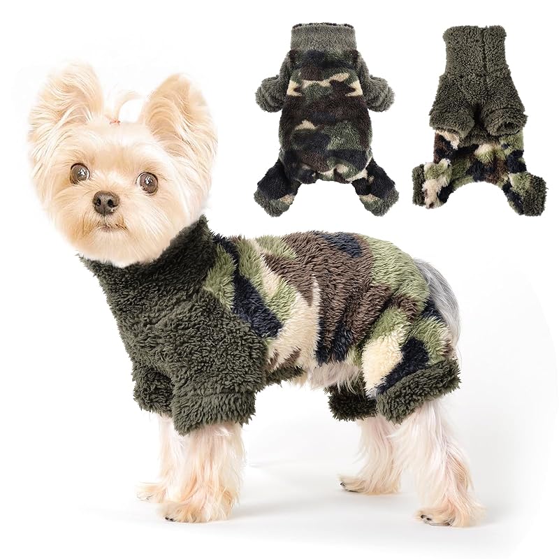 Suéter-pijama de fleece para cães pequenos shifenmei, gola alta e 4 pernas, Camouflage Green, XX-Small