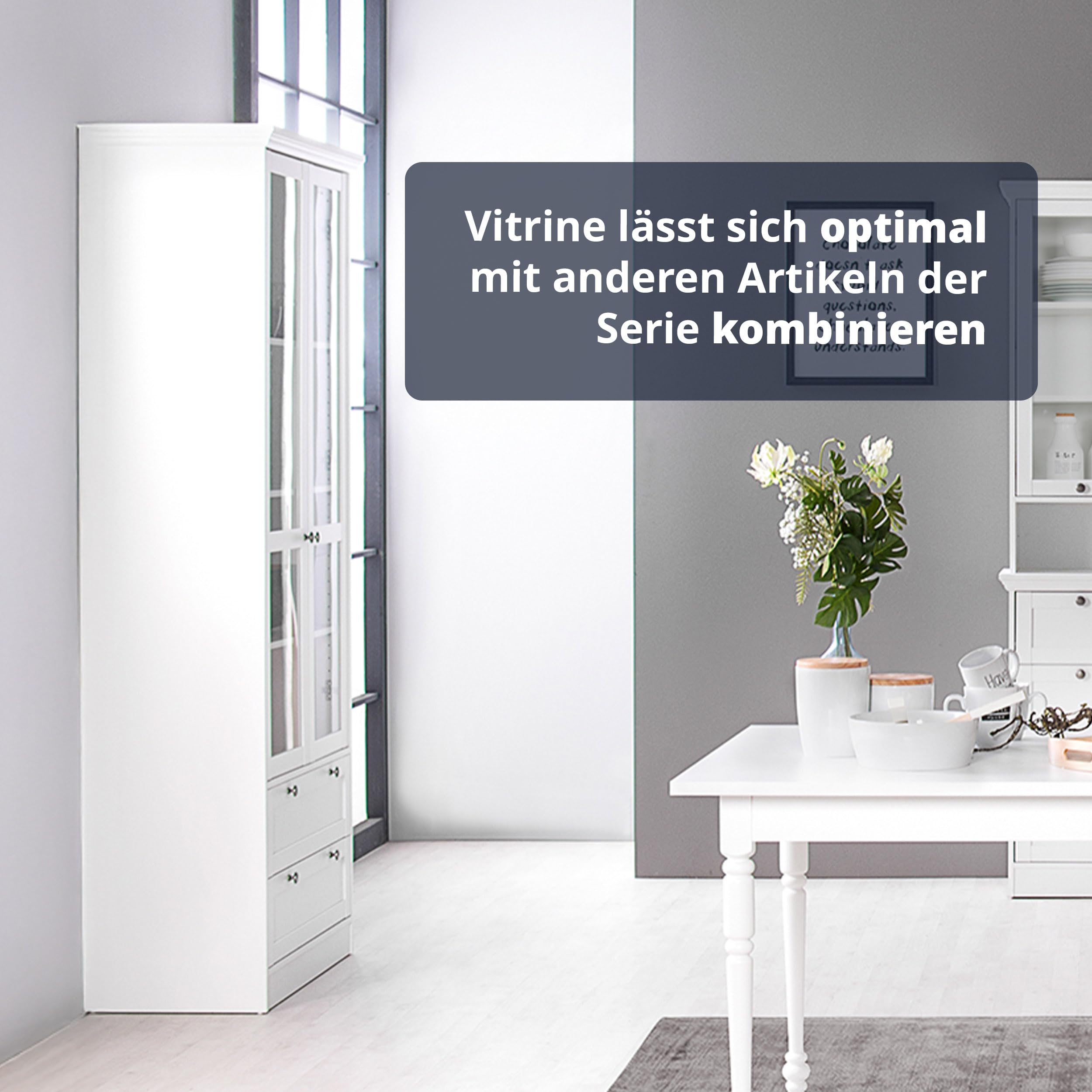 KHG Vitrine weiß 2 Drehtüren mit Glaseinsatz 2 Schubkästen 3 höhenverstellbare Einlegeböden Holzwerkstoff beschichtet Landhaus Stil
