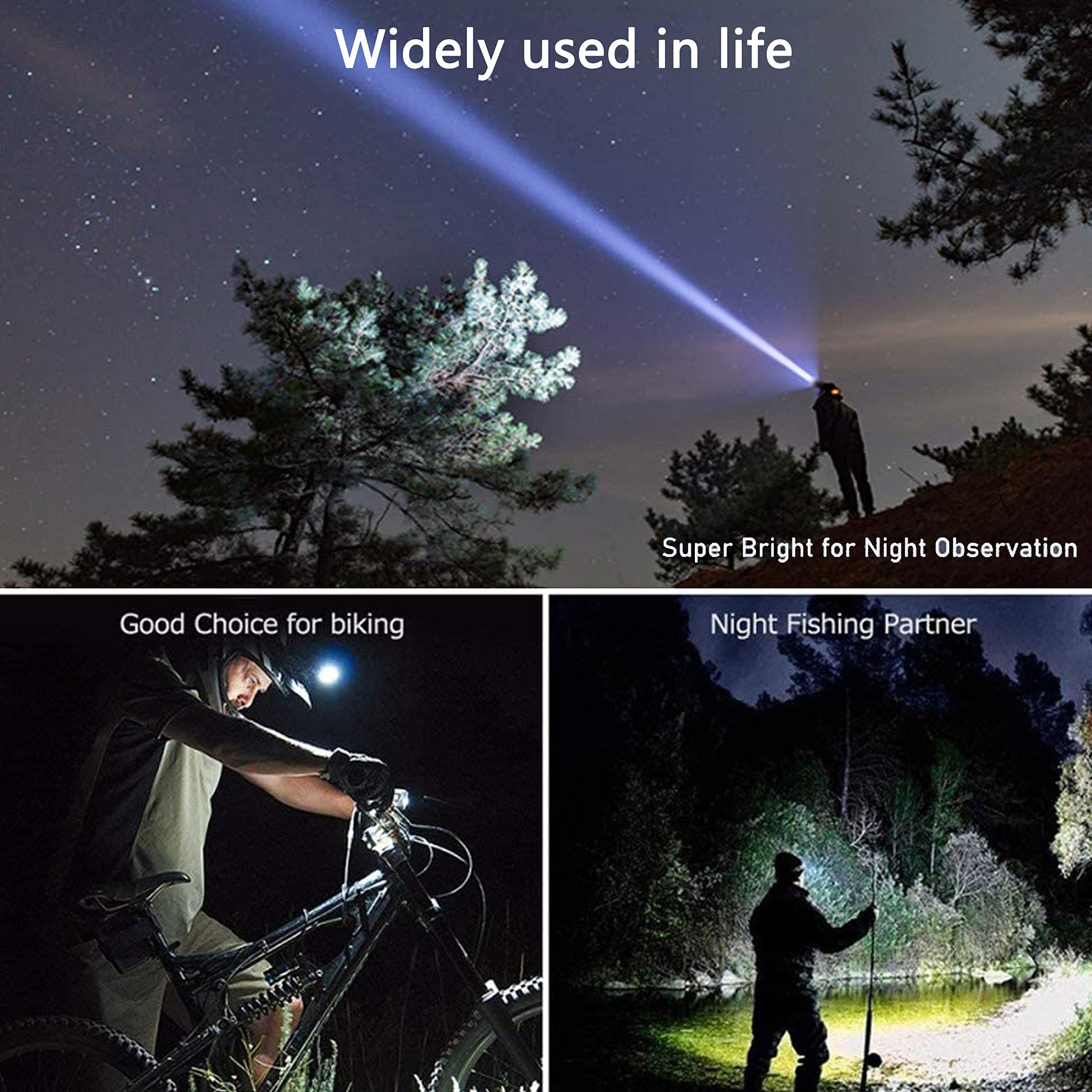 Lampe frontale rechargeable USB puissante, lampe frontale ultra-lumineuse de 15 000 lumens, lampe frontale zoomable 3 modes pour le travail, le camping et l'observation nocturne