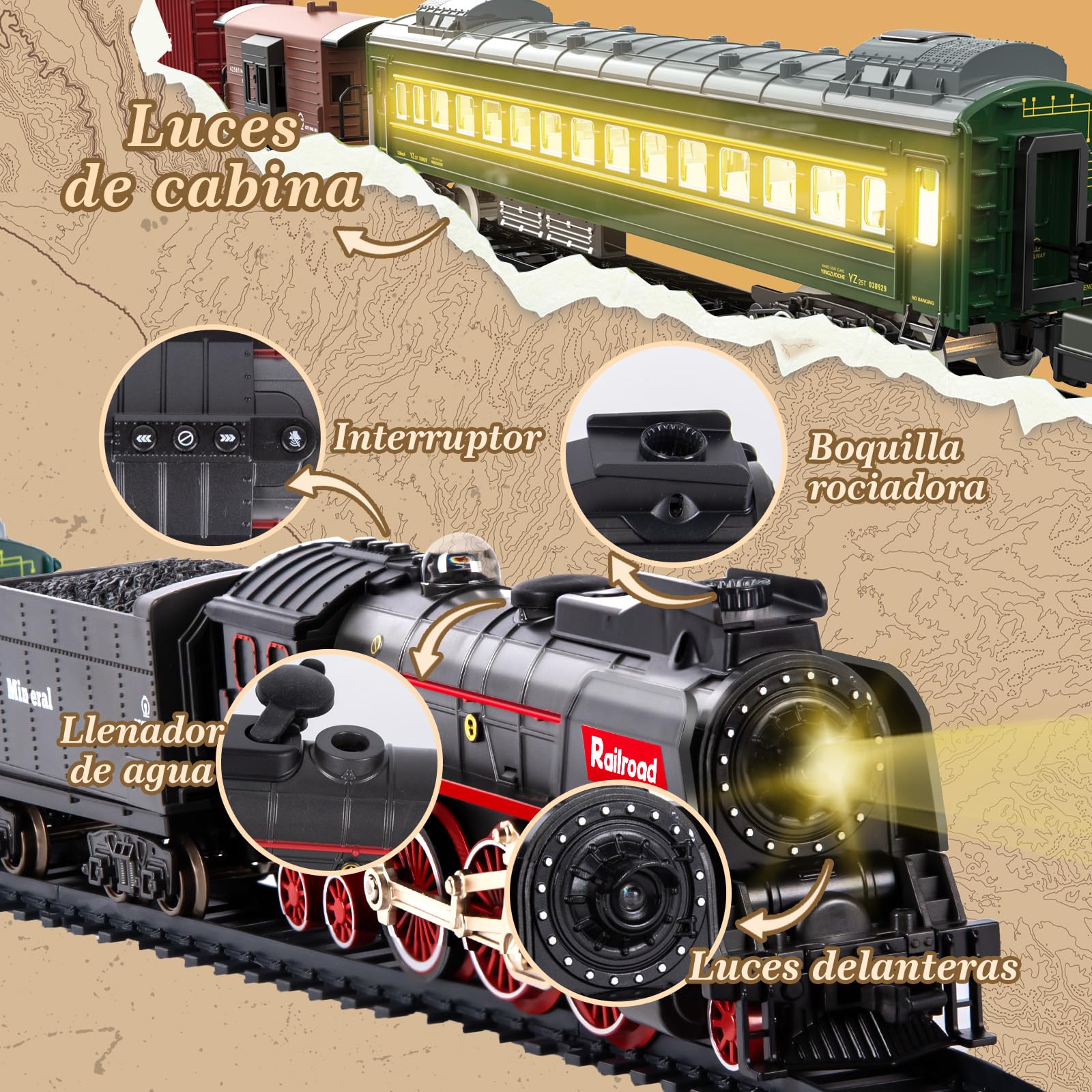 Joellfuner Tren Electrico Juguete Niños, Electrico Trenes de Navidad, Clasico Tren de Juguete con Vapor, Luces y Sonidos, Conjunto de Vías Decoración de Navidad Regalos de Cumpleaños