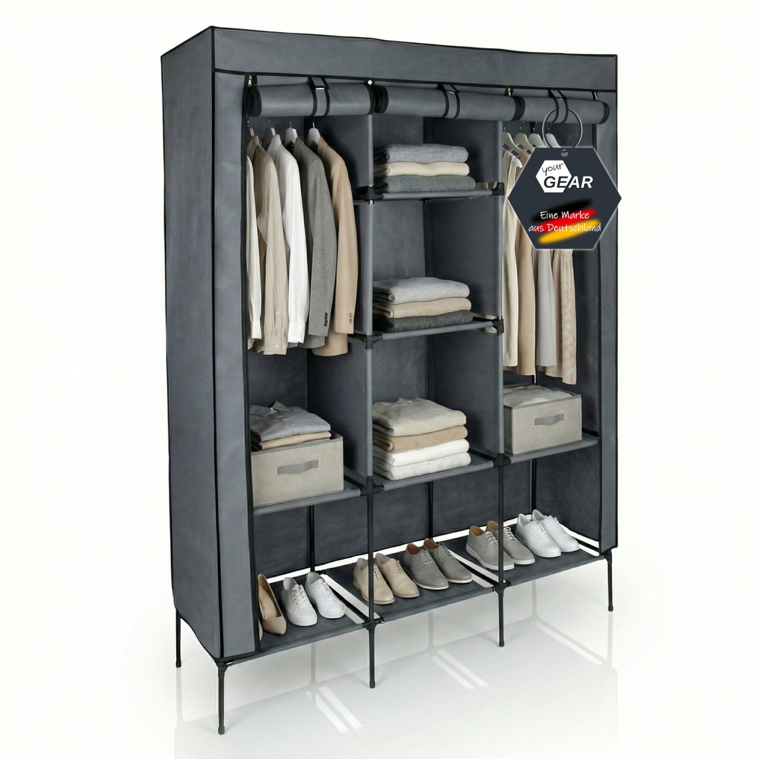 your GEAR Kleiderschrank Grado 130x45x175 cm – Stoffschrank mit 2 Kleiderstangen & 9 Ablagen – Textilschrank XXL Organizer für Schlafzimmer & Kinderzimmer – Faltschrank Garderobe