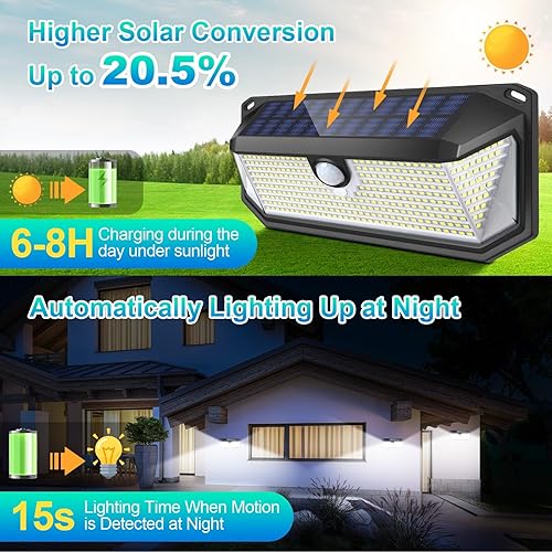 Miniatura 2 de Luces solares impermeables para exteriores, paquete de 4, 388 luces LED superbrillantes con sensor de movimiento con luces reflectoras y 3 modos de