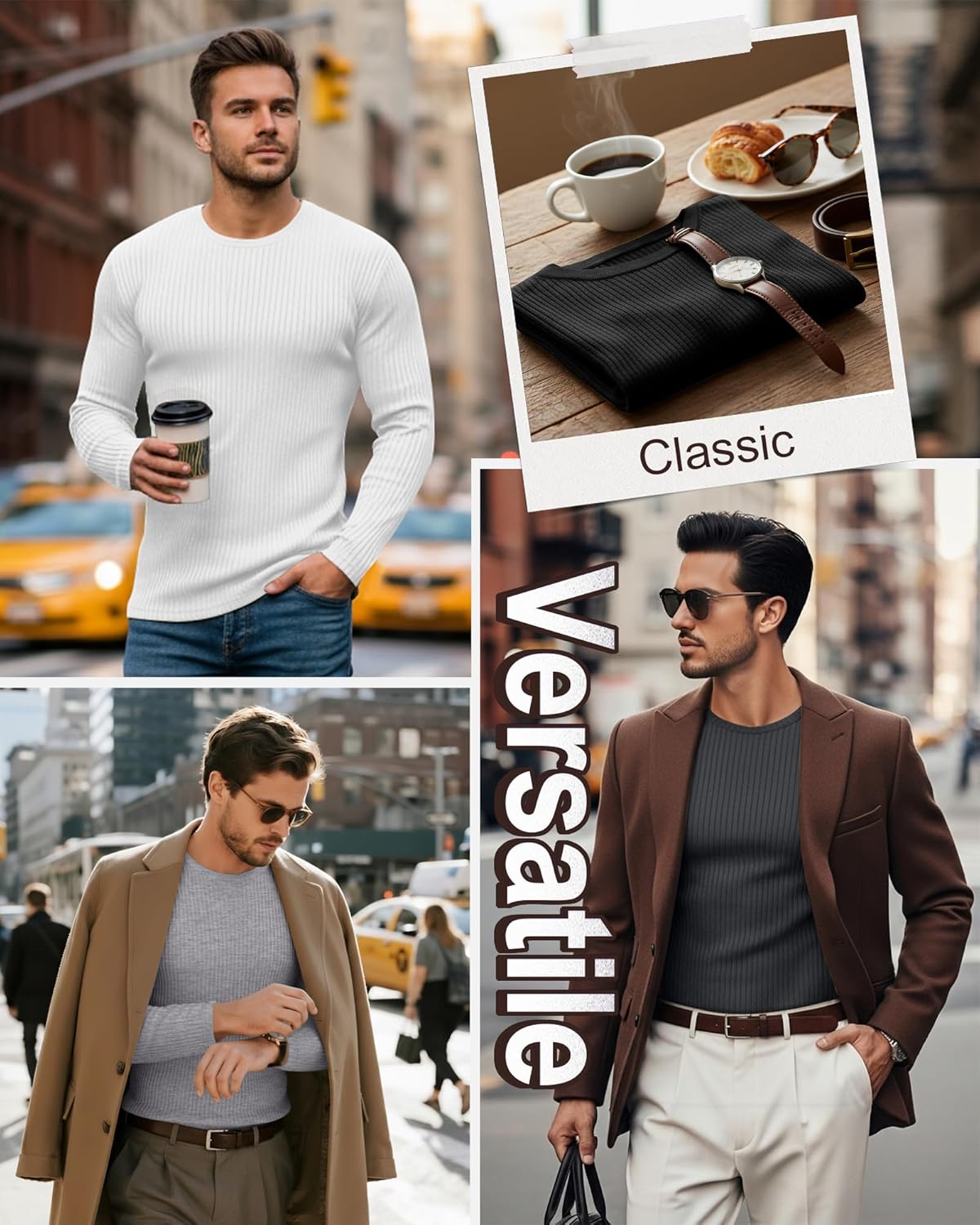 5 Pack Men's Cotton Thermal Shirts Long Sleeve Ribbed Tops Crew Neck Slim Fit Sweater Casual Pullover Undershirts - Image 2