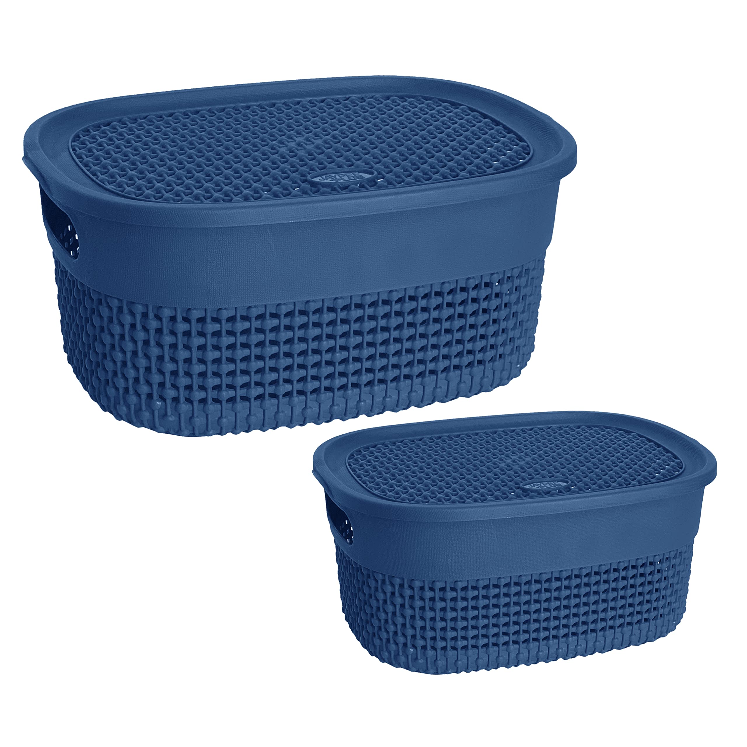 (Set of 2) - Oval Plastic Storage Basket with Lid 4L/14L Litre Storage Box Stackable Organiser For Makeup Storage Kitchen Bathroom Toy Box Desktop Shelves Cupboards (Blue) — image 1
