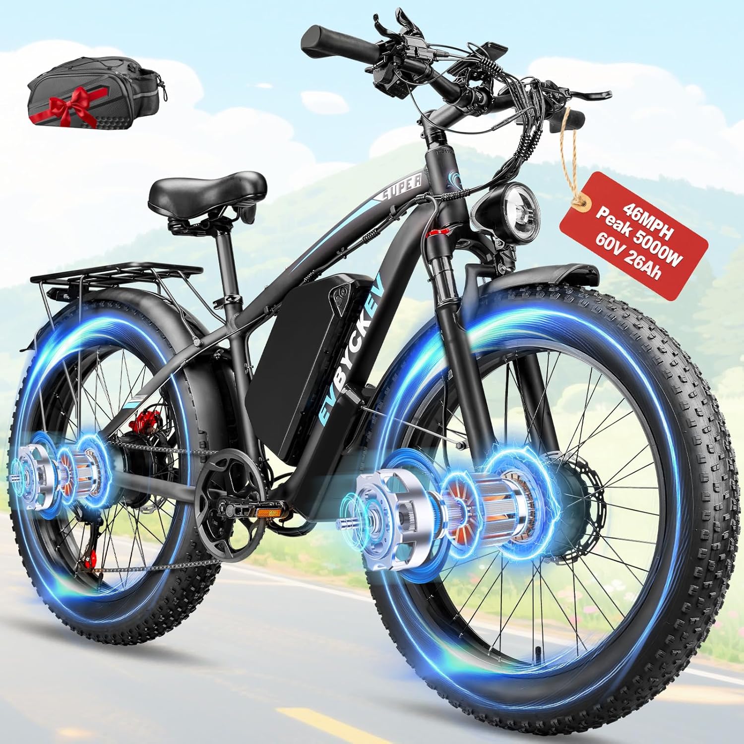 Twin Motor Electrical Bike, Peak 5000W As much as 90Miles Vary 60V 26Ah Quick Electrical Mountain Bike for Adults, 24“*4 Fats Tire Ebike All Terrain with Entrance Suspension for Off-Street Seaside Snow Commuter