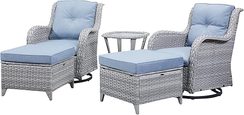 Miniatura 6 de Belord Juego de 2 taburetes otomanos de mimbre de ratán para todo tipo de clima, con cojines suaves para muebles de patio