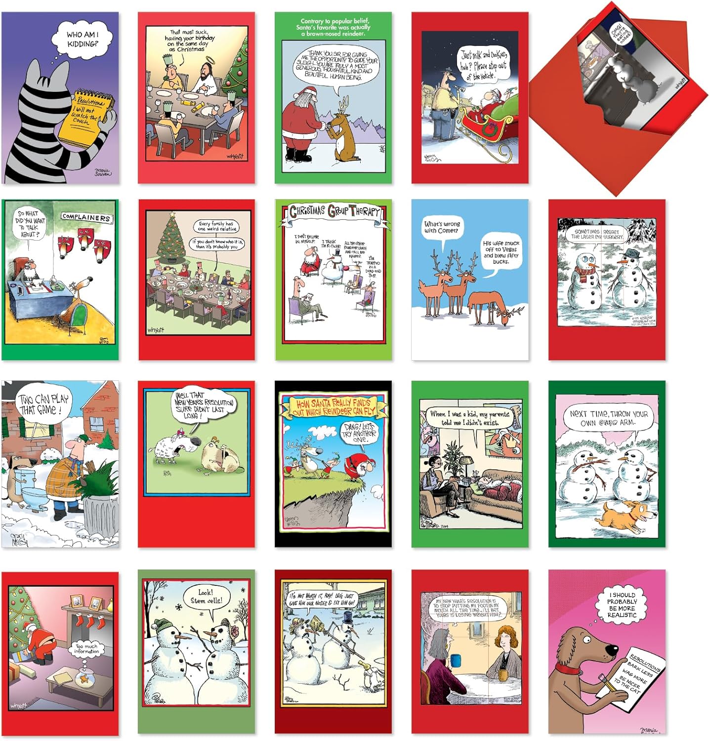 NobleWorks 20 Assorted Box Set Funny Christmas Mixed Occasions Greeting Cards w/5 x 7 Inch Envelopes (20 Designs, 1 Each) Favorite Holiday Toons AC6736XXG-B1x20