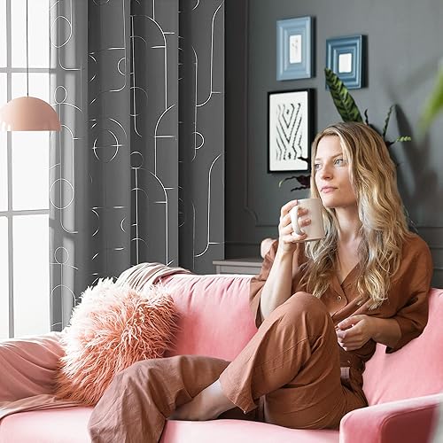 Miniatura 2 de Deconovo Blackout Curtains for Bedroom & Living Room, Thermal Insulated, Room Darkening Drapes, Geometric, Grommet Top, 2 Panels, Light Grey, 52W x