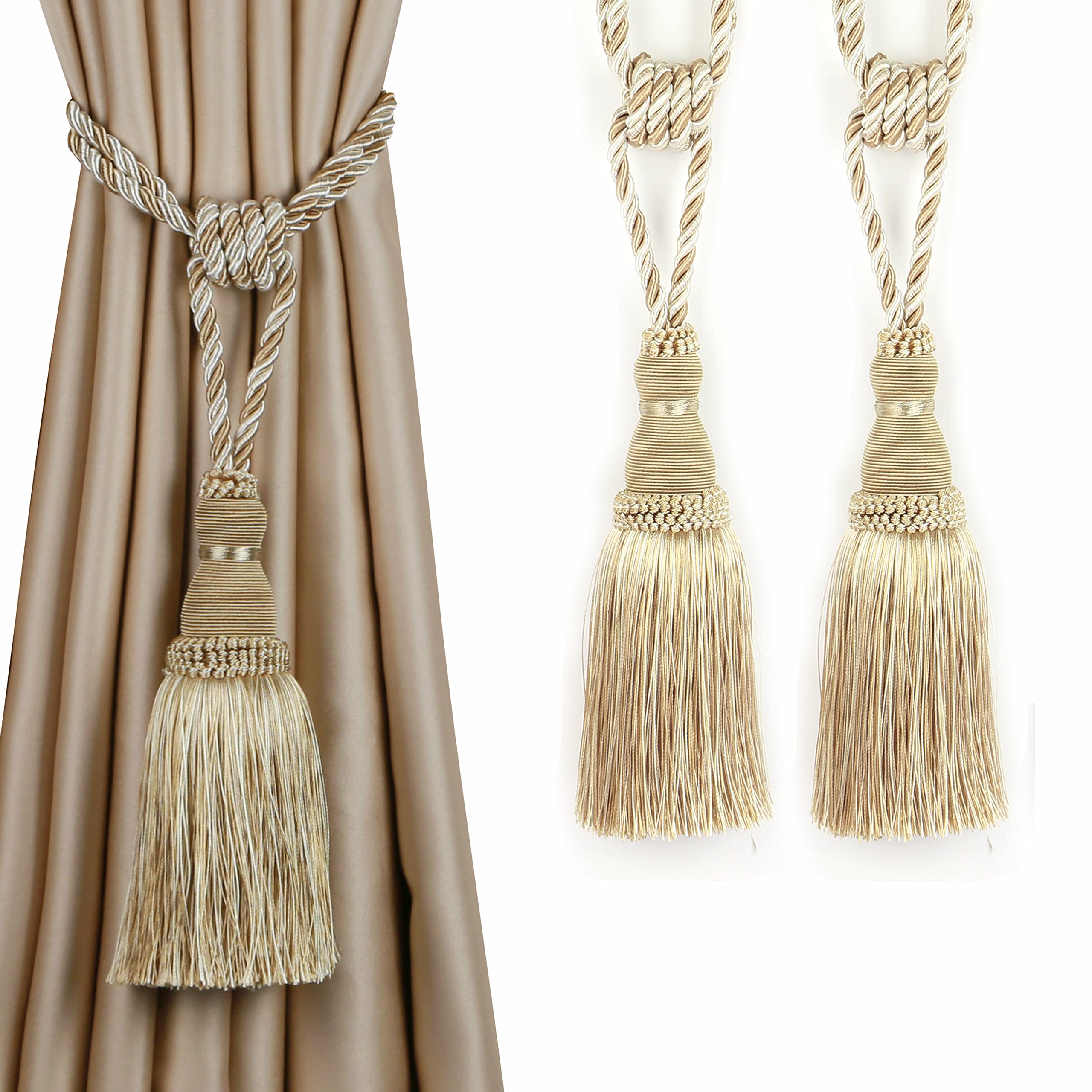 Tassel Curtain Tiebacks， Braided Rope Curtain Tiebacks With Tassels, Multicolor, 2/4 Pcs(Beige,2pcs)