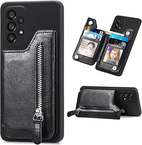 Ysnzaq Funda tipo cartera con cremallera y tarjetero para Samsung Galaxy A23, piel sintética plegable con función atril magnético, cierre de Negro