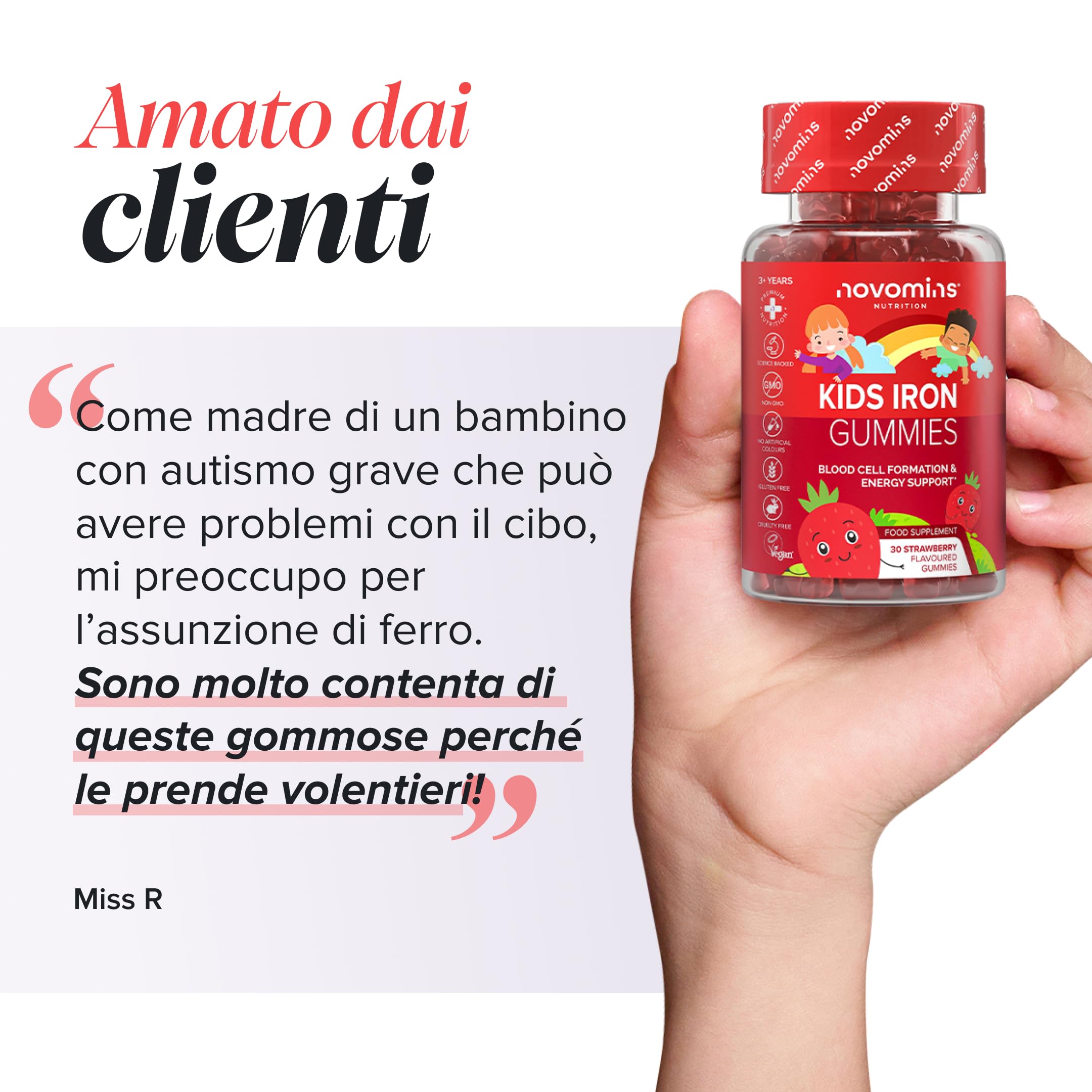 Ferro Bambini Gommose – Ferro + Vitamina C per l'Assorbimento – Energia, Globuli Rossi e Difese – Vegano, Senza Glutine – 30 Gommose Gusto Fragola – Novomins