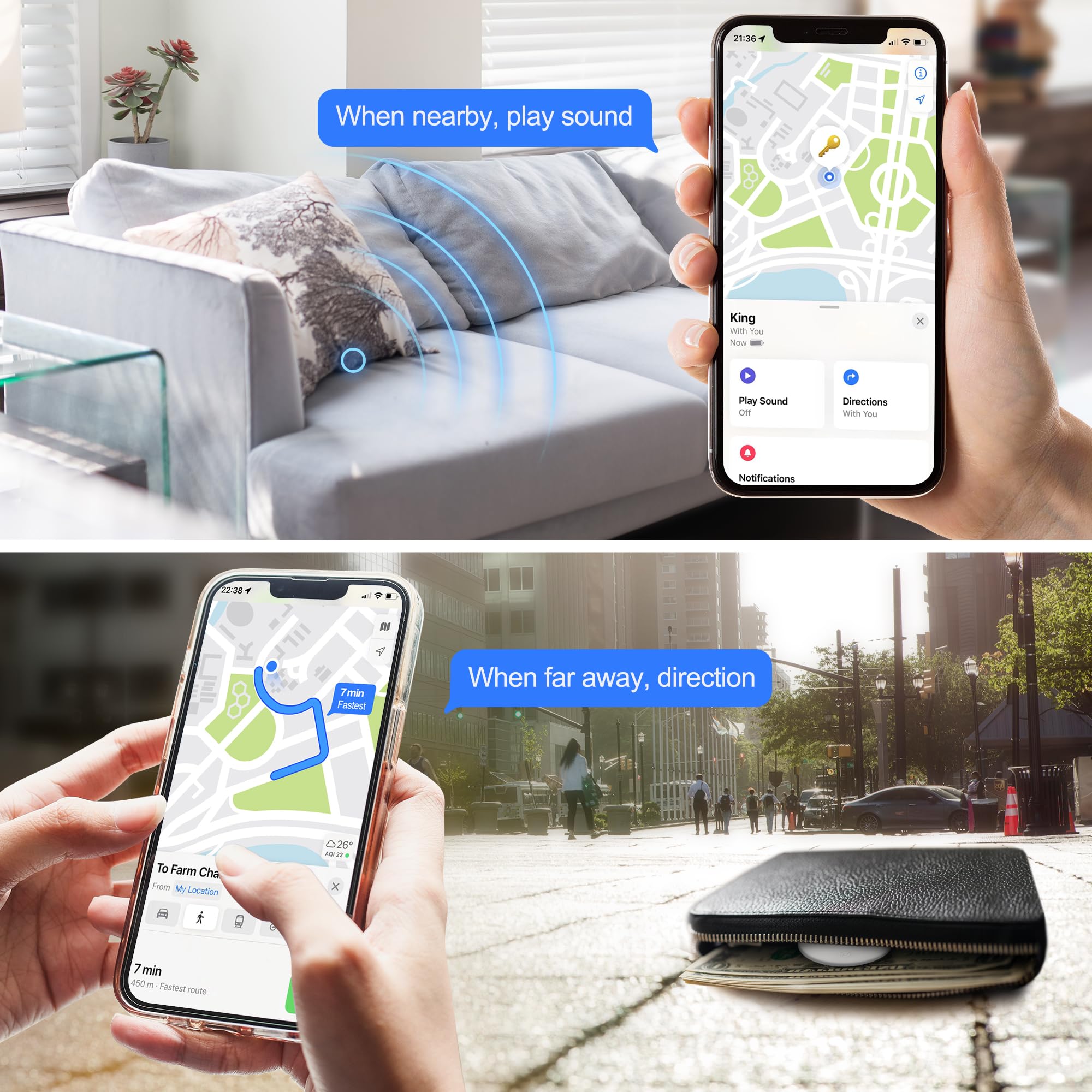 Confezione da 2 Smart Air Tracker per Apple Find My (solo iOS), localizzatore di chiavi per bagagli, portafogli, biciclette e altro ancora, impermeabile IPX6, viene fornito con 2 cordini in
