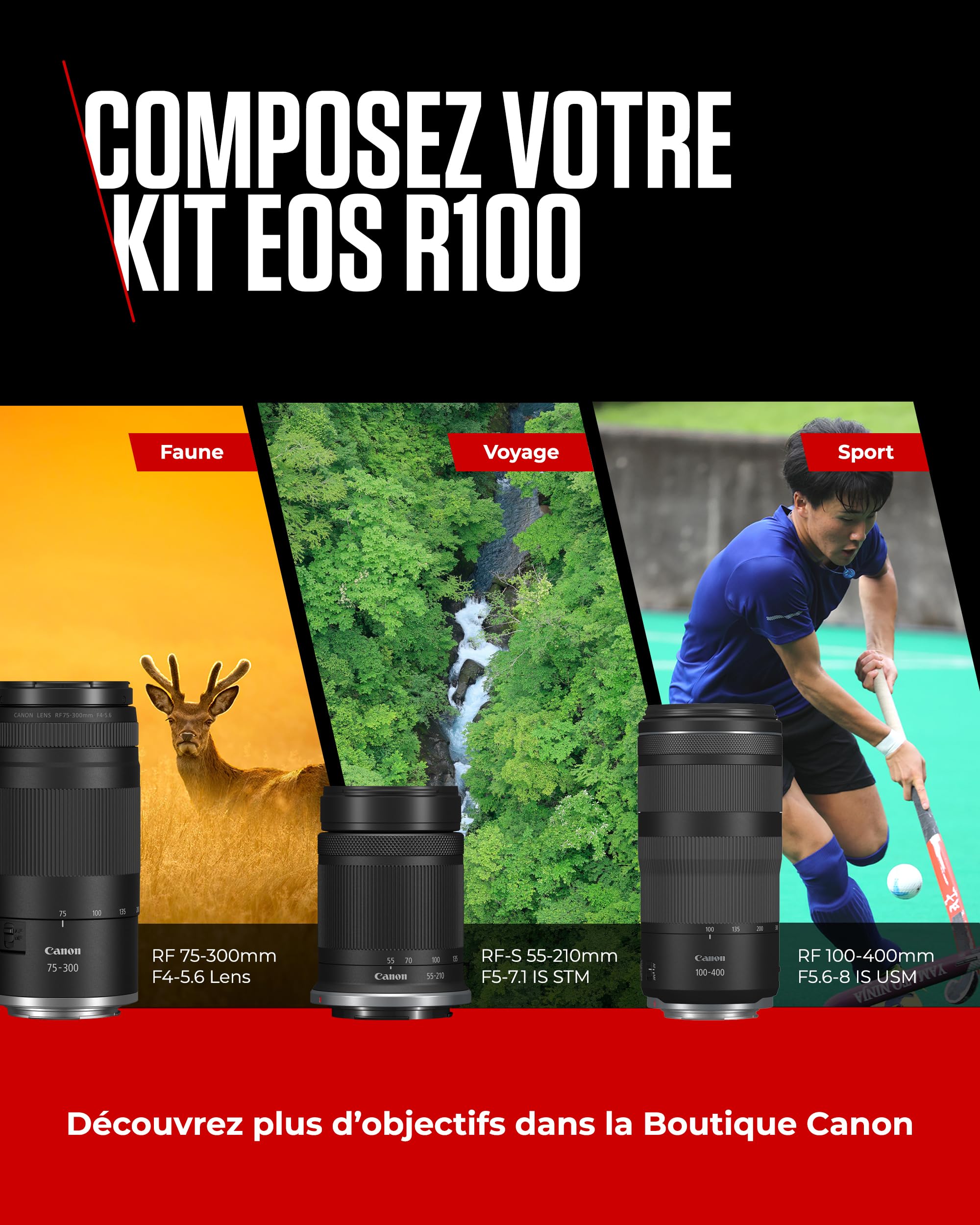 Canon EOS R100 Appareil Photo Hybride Compact à capteur APS-C stabilisé 24M Pixels, Vidéo 4K, Wi-FI, AutoFocus Dual Pixel, boitier Nu Noir