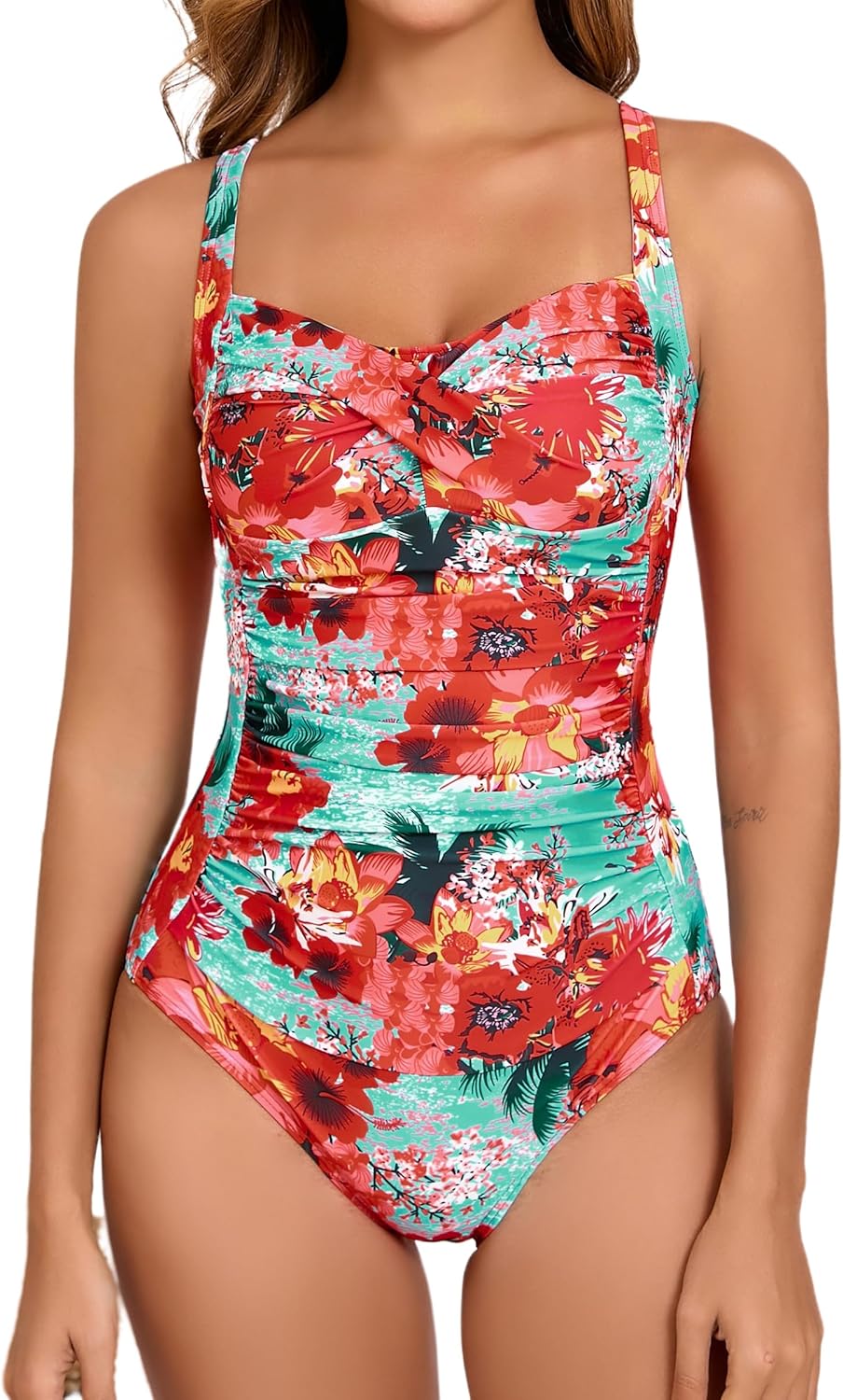 Itzel Women's Ruched Twist Front One Piece Swimsuit Tummy Control Push Up Vintage Retro Bathing Suits