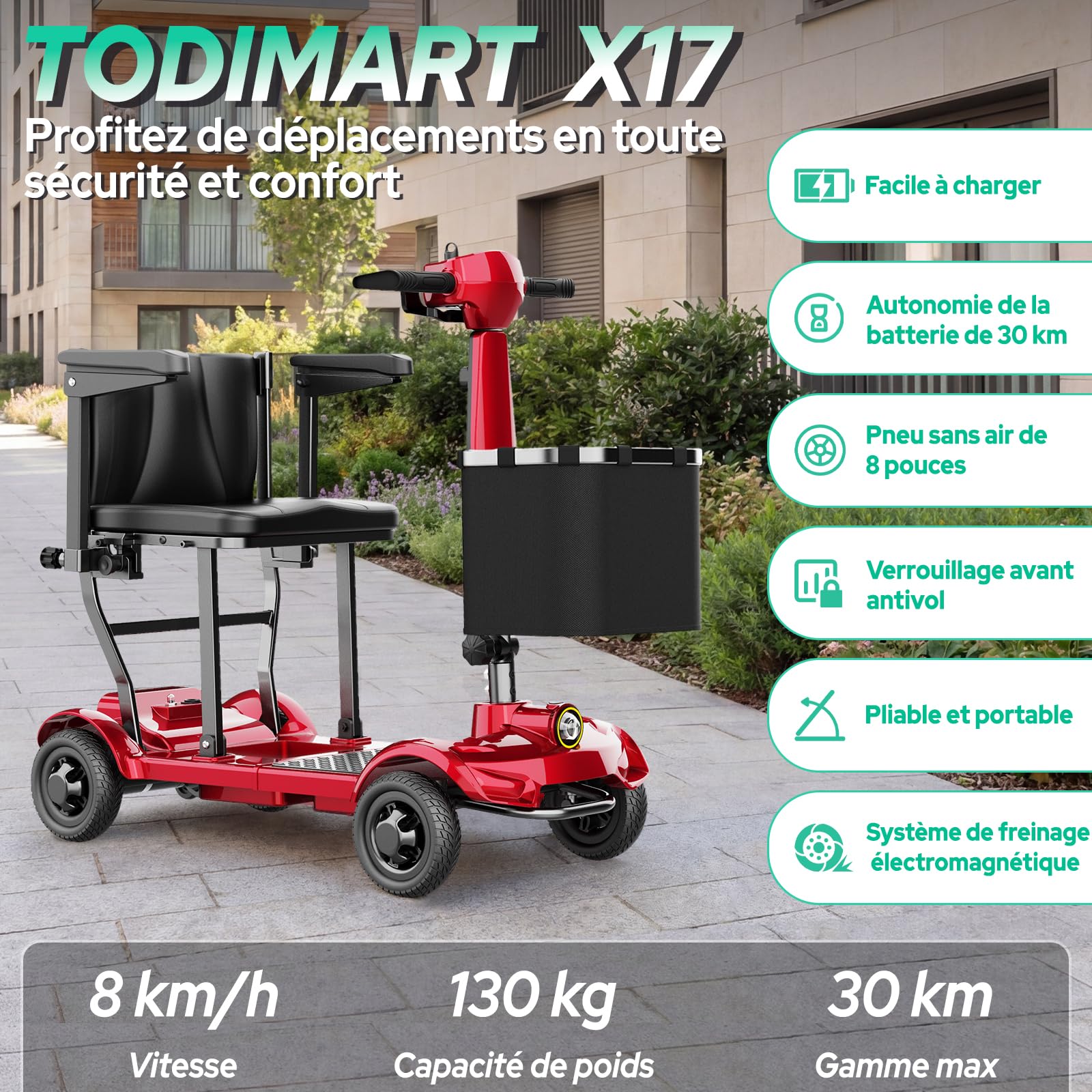TODIMART X17 Scooter de Mobilité à 4 Roues,Autonomie Longue 30–35 km,20kg Pliable et Légère pour Adultes et Seniors,Écran Numérique LED,Lumières Vives,130kg,Scooter Electrique Leger